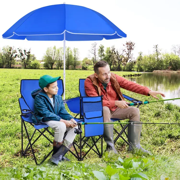 COSTWAY Double Portable Picnic Chairs, Folding Camping Chairs w/Detachable Umbrella, Cooler Bag, Cup Holders, Patio Beach Camping Chairs for Outdoors football baseball season