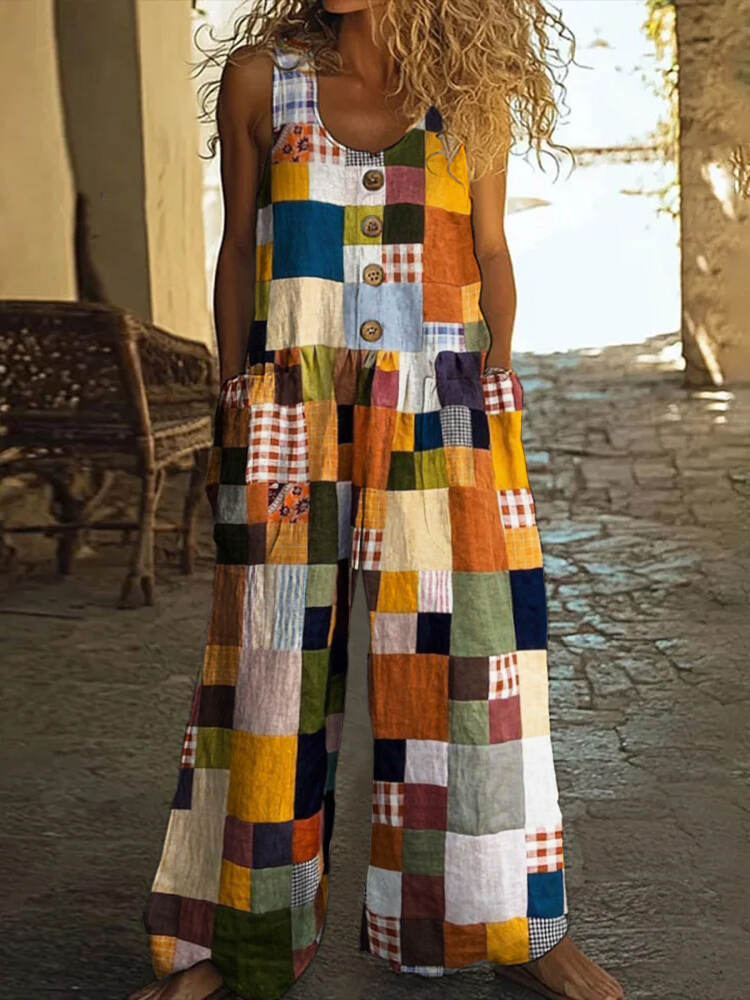 Vintage Square Patchwork Boho Art Women's Linen Wide Leg Jumpsuit
