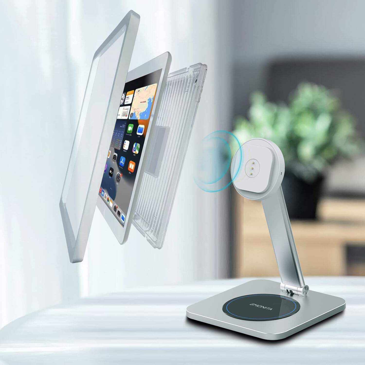 EMONITA Magnetic Stand with Charging Case for 10.2 Inch 7th / 8th / 9th Gen (2021/2020/2019). 18W USB C Fast Charging Cable Included, Foldable L Shape, Strong Magnets, 360 Rotation, 180 Tilt
