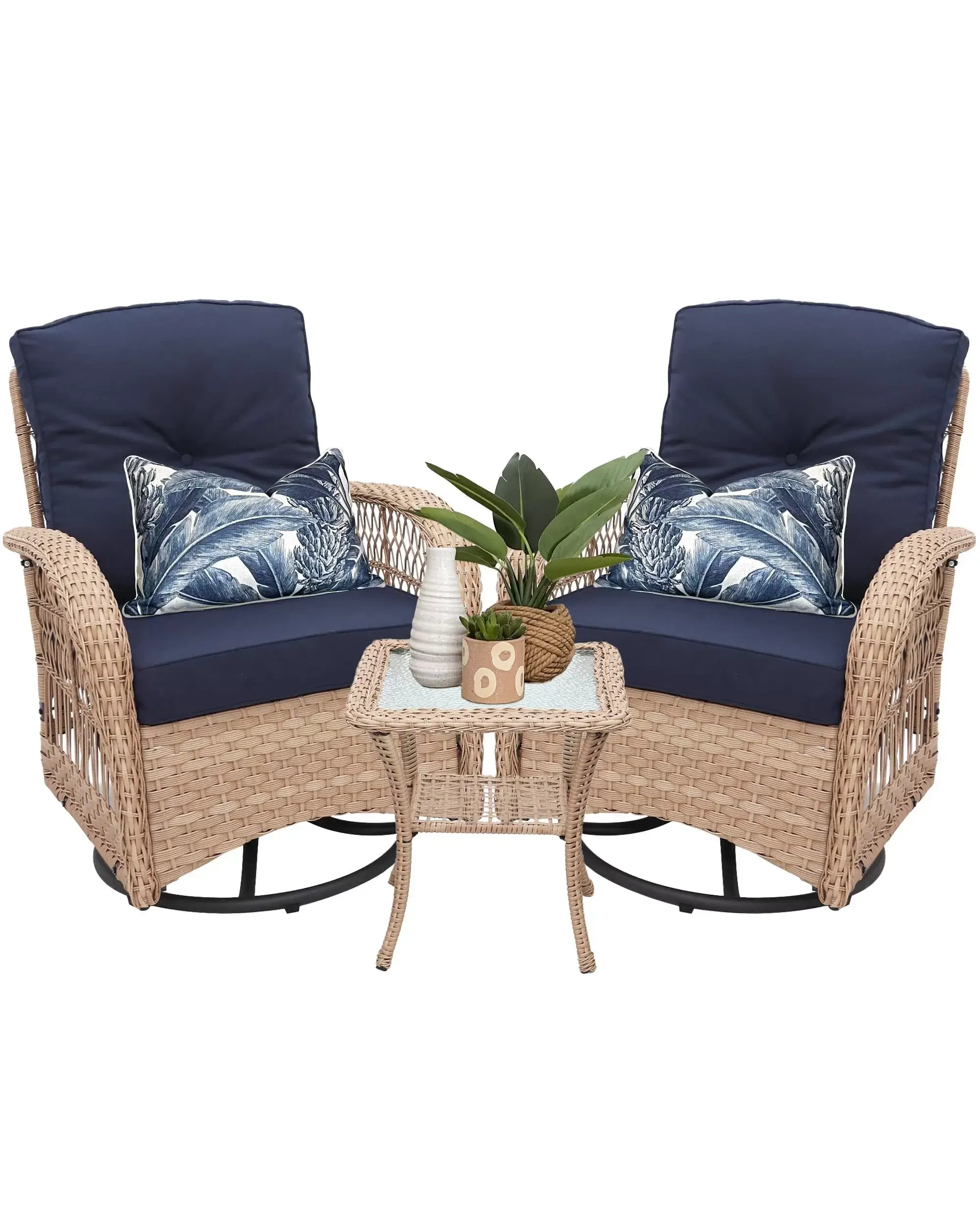 Outdoor Swivel Rocker Patio Chairs Set of 2 and Matching Side Table - 3 Piece Wicker Patio Bistro Set with Premium Fabric Cushions Outdoor Furniture (Dark Wicker Chair Beige Cushion)