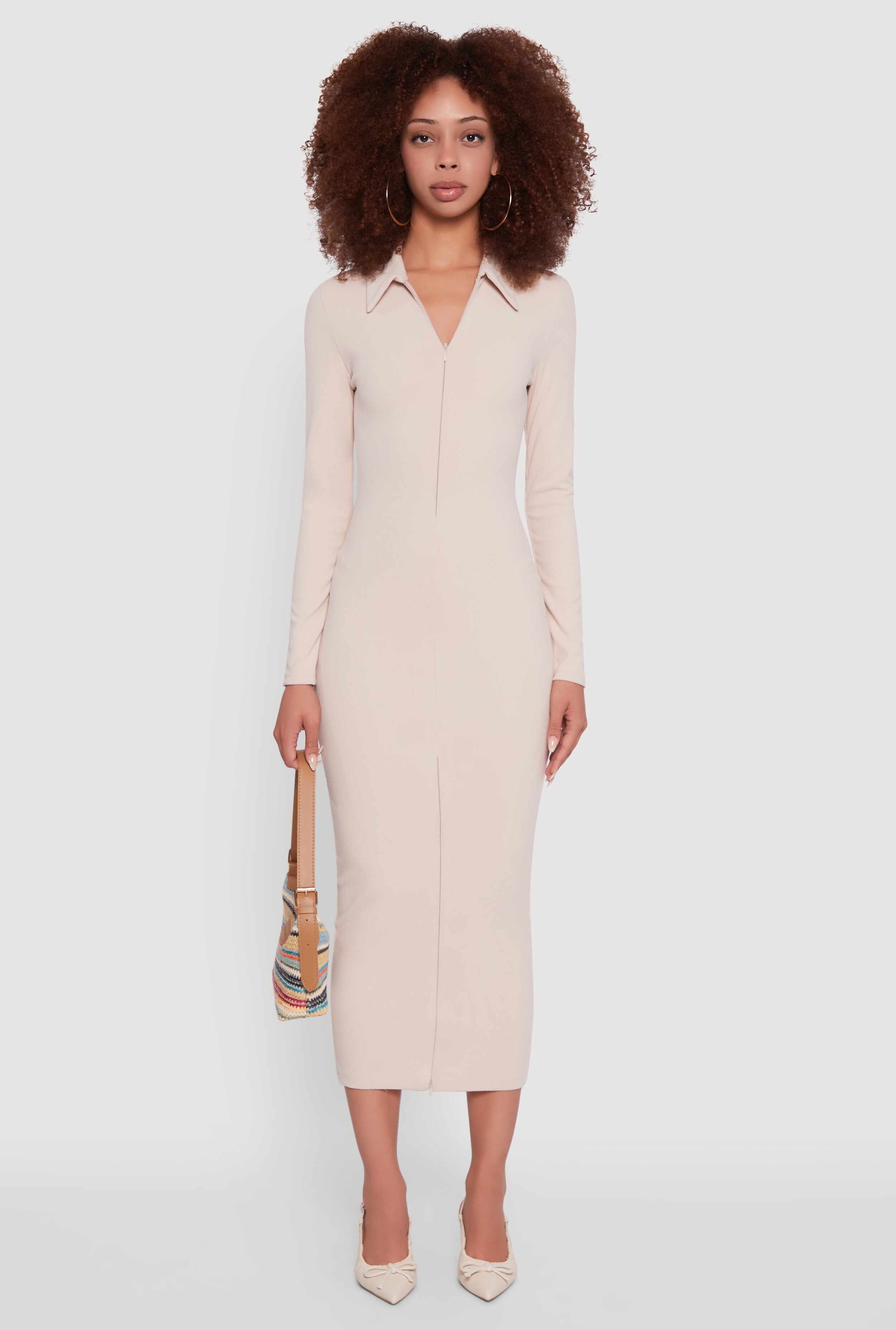 Collared Double Zip Front Midi Dress