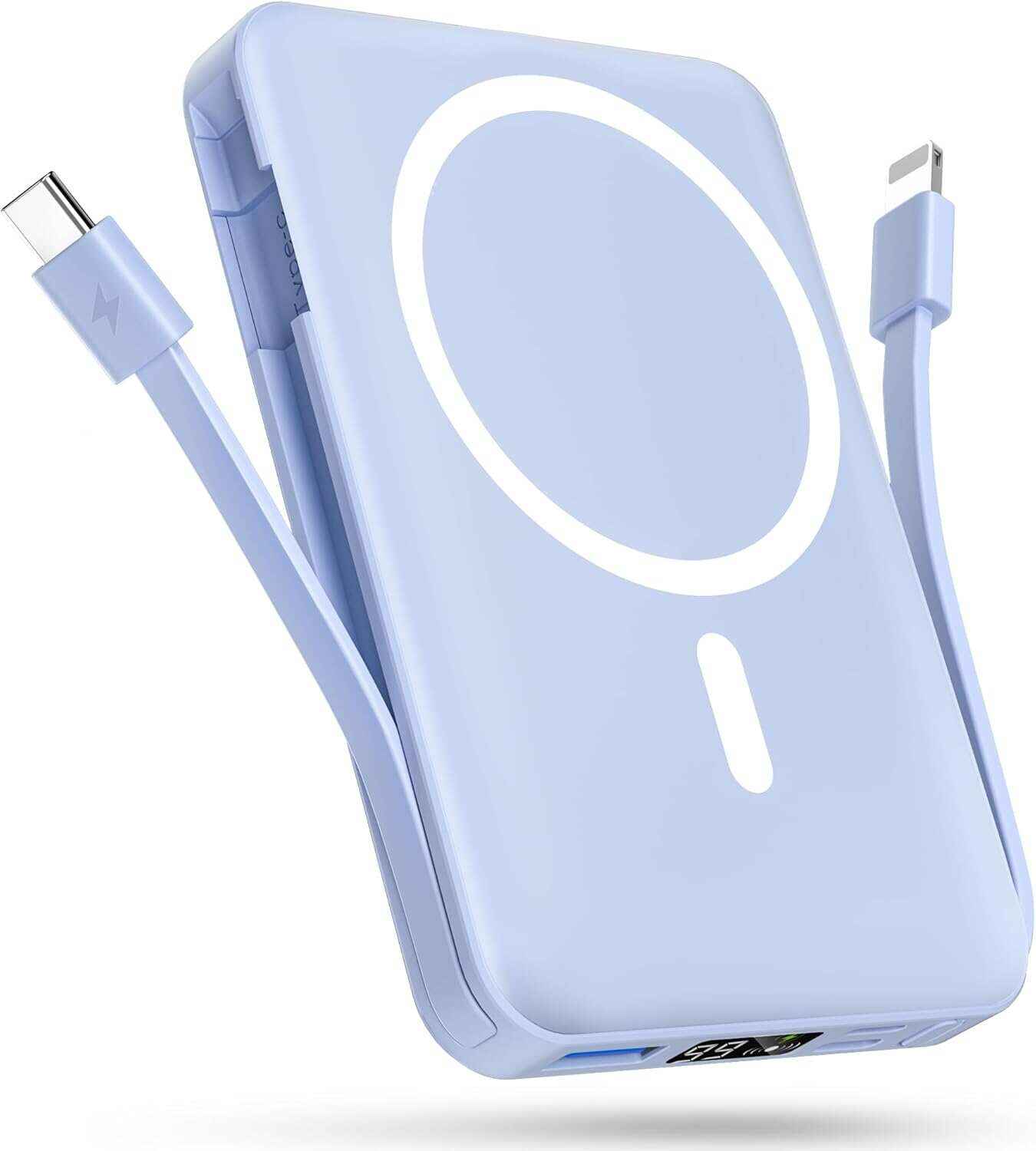 podoru Wireless Portable Charger, 10000mAh Magnetic Power Bank Built-in USB-C Lighting Cables 22.5W PD Fast Charging LED Display Mag-Safe Battery Pack for iPhone 15/14/13/12/Mini/Pro/Pro Max - White