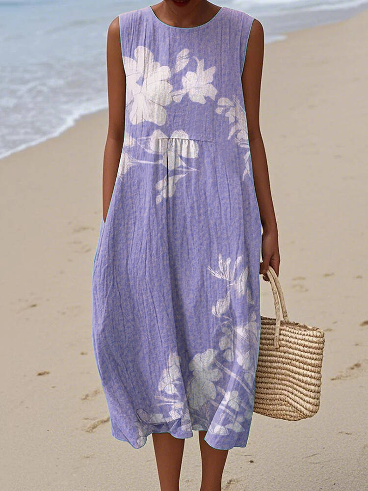 Vintage Loose Floral Art Linen Tank Dress