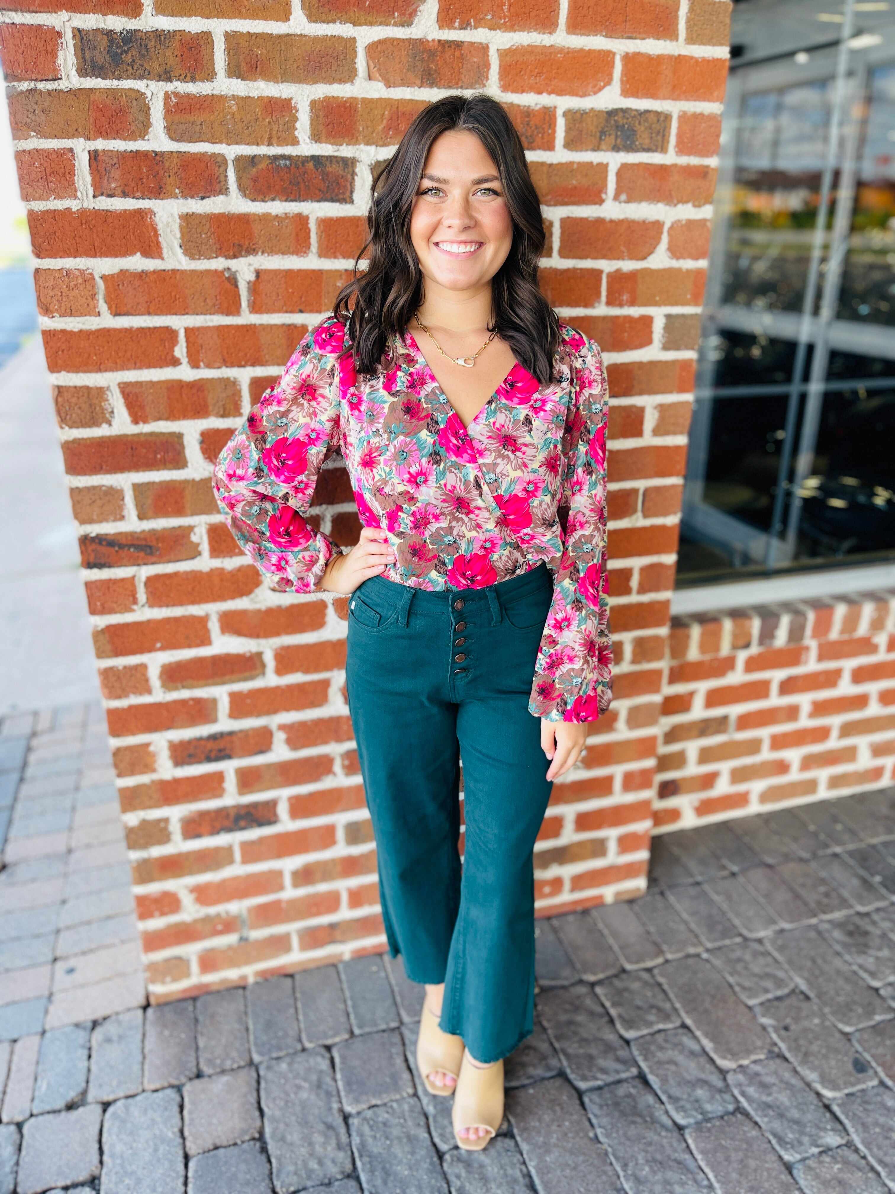 Plus/Reg Bright As A Button Fly Wide Leg Teal Jeans