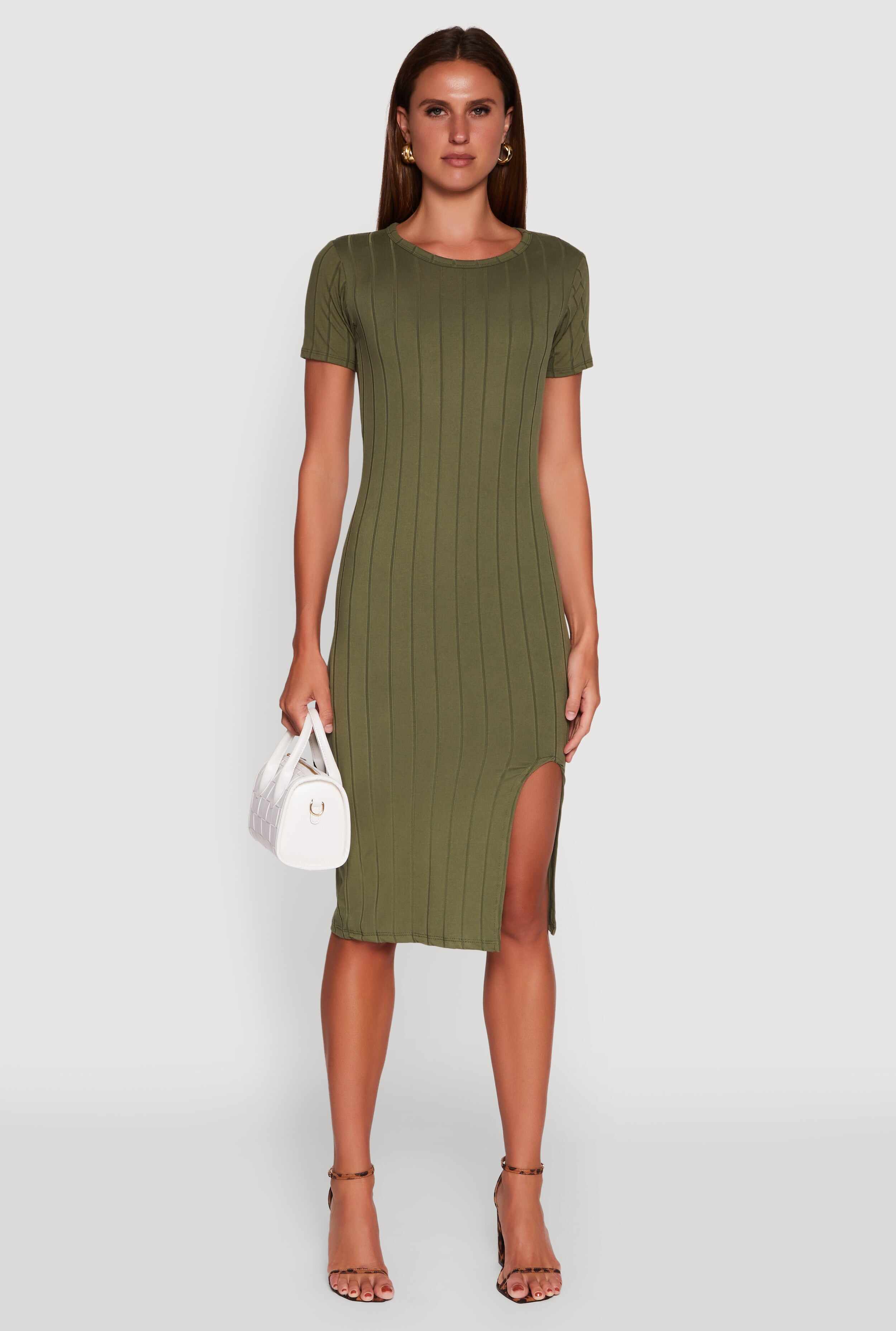 Ribbed Knit Shadow Stripe Midi T-Shirt Dress