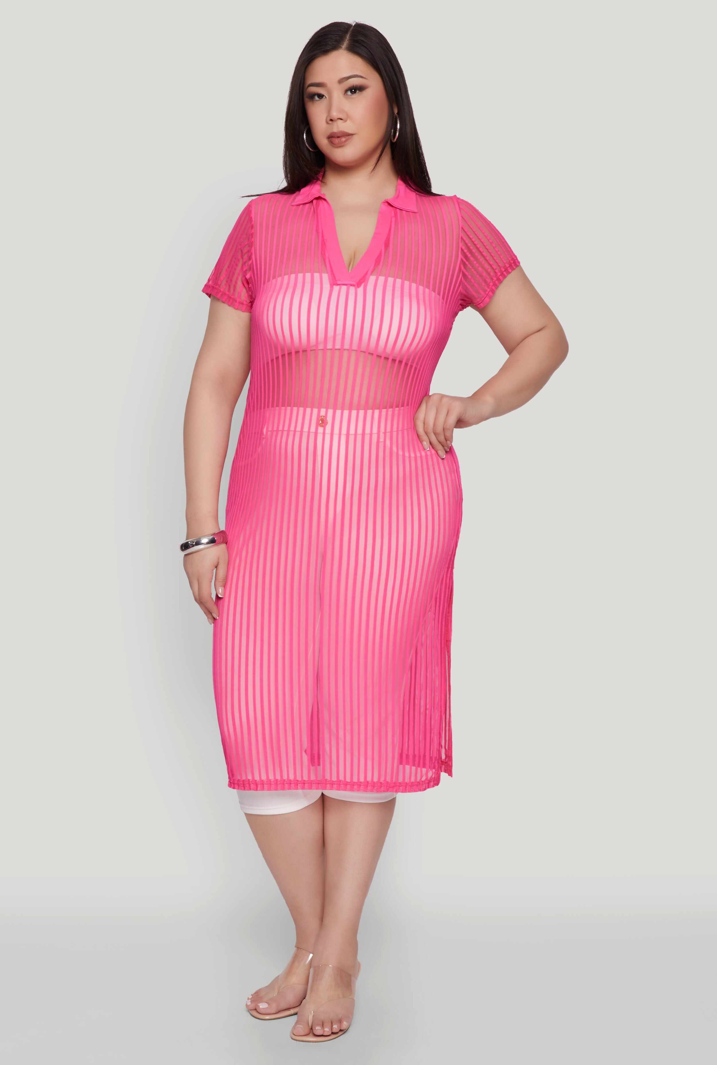 Plus Size Shadow Stripe Collared Mesh Top