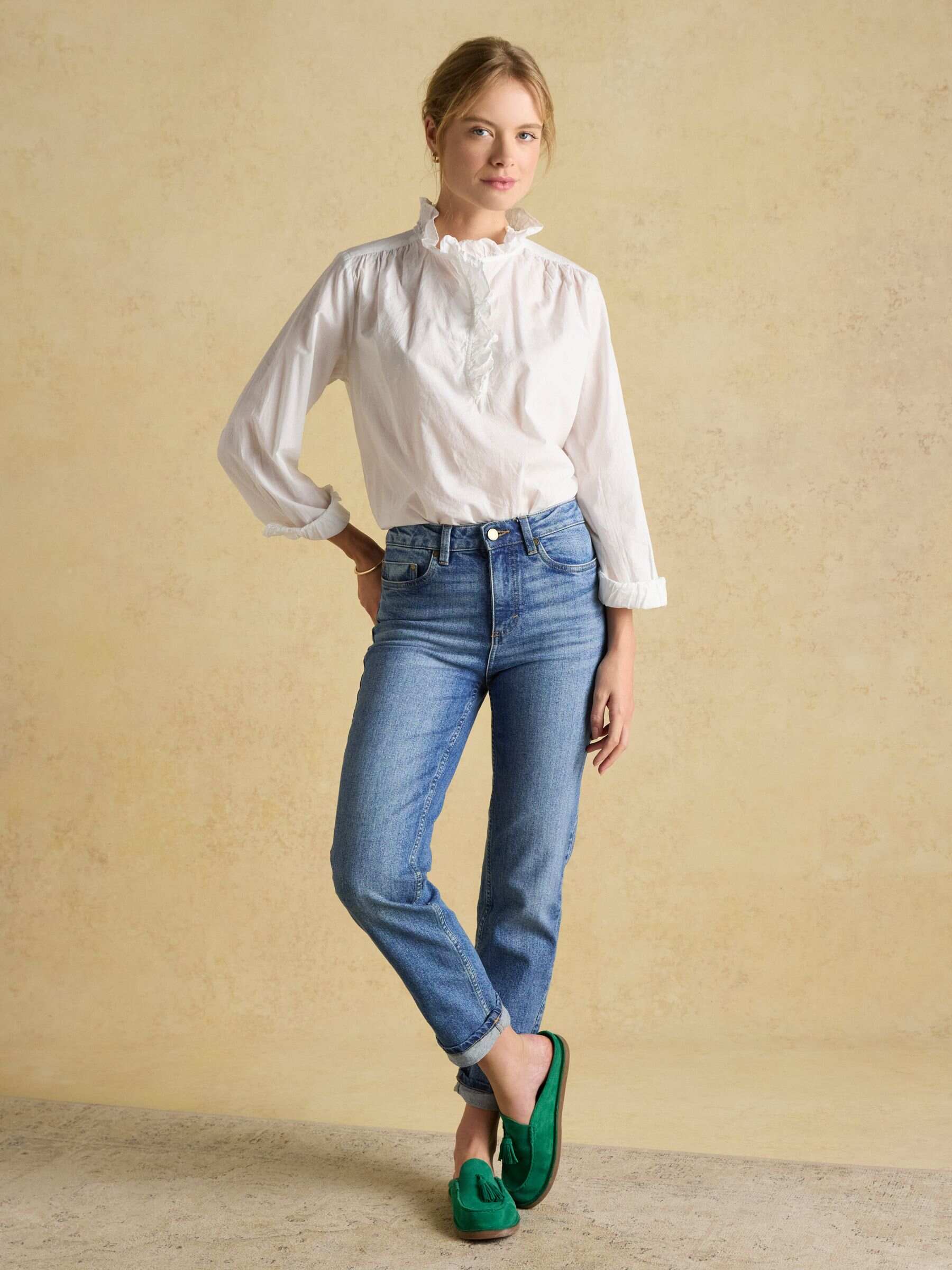 Melanie Blue/White Cotton Ruffle Blouse