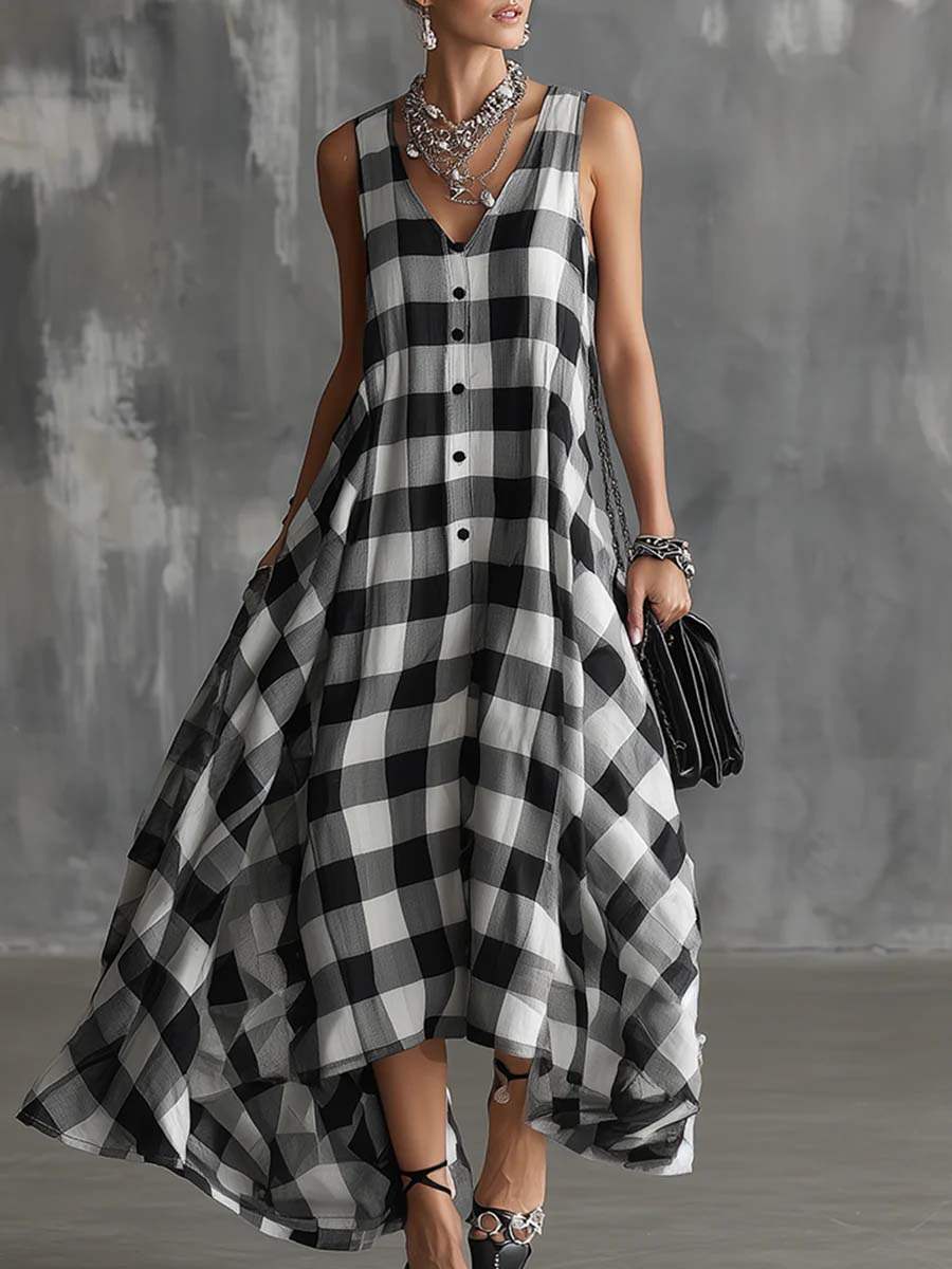 🔥Summer Arrivals🌟Women's V-neck Sleeveless Plaid Print Casual Loose Cotton Linen Dress