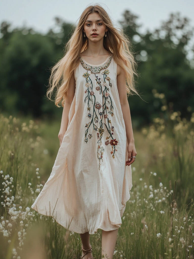Women's Boho Floral Embroidery Art Linen Tank Dress