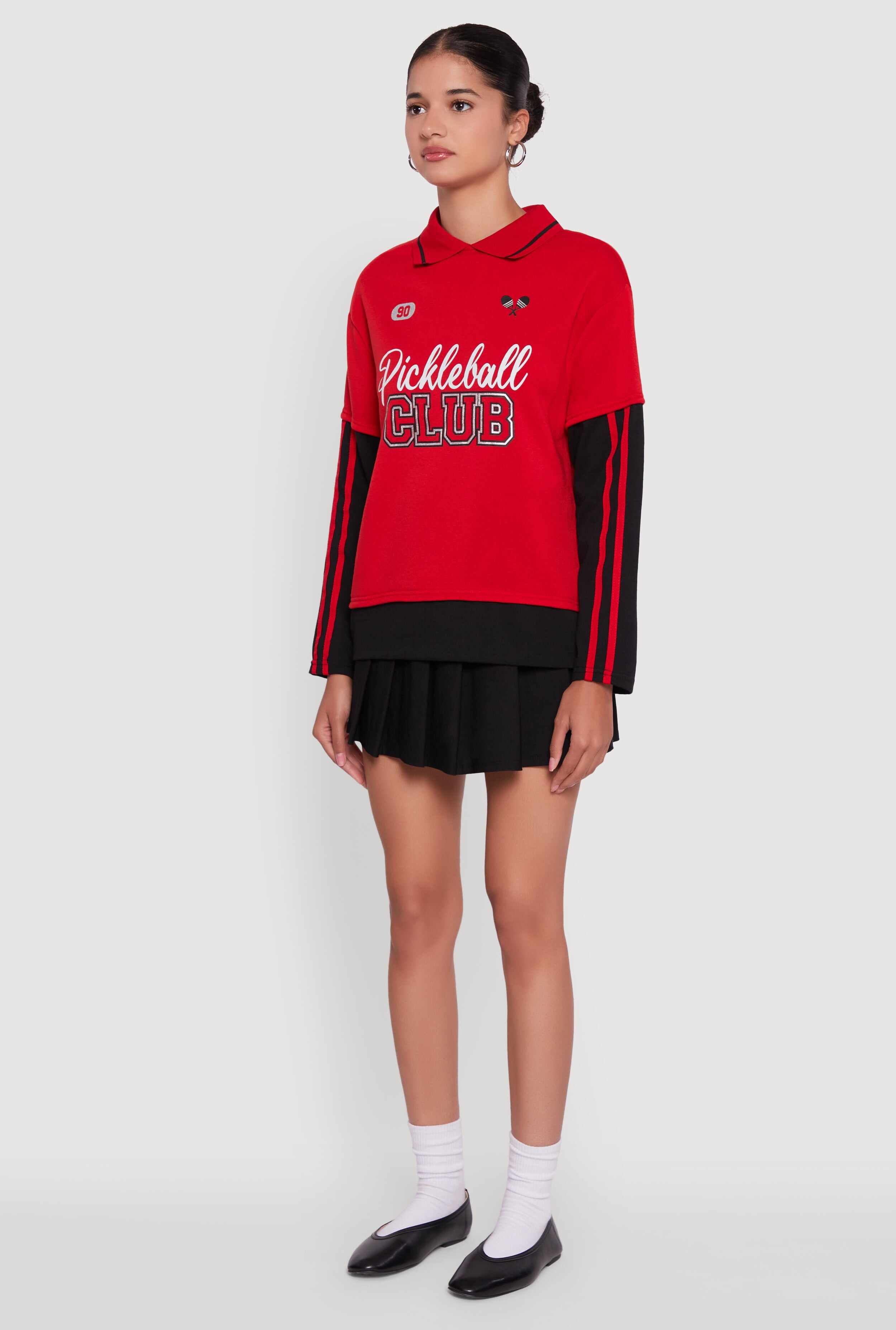 Varsity Stripe Foil Screen Graphic Layered Look Sweater