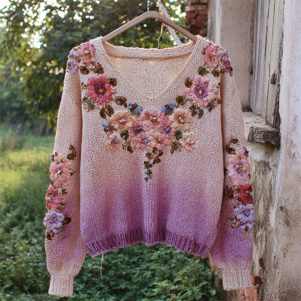 Boho Floral Embroidery Women's V-neck Gradient Sweater