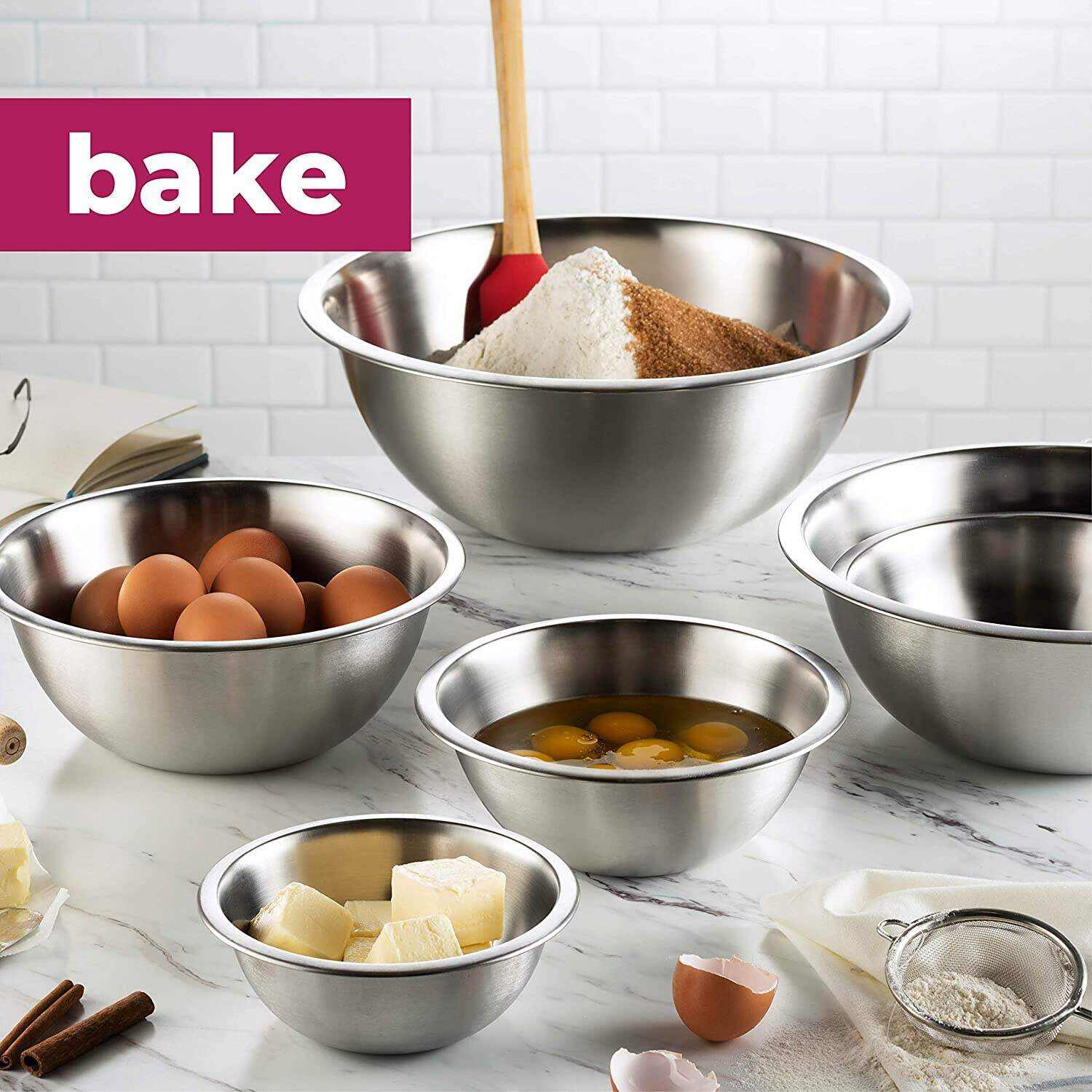 FineDine Stainless Steel Mixing Bowls (Set of 6) - Easy To Clean, Nesting Bowls for Space Saving Storage, Great for Cooking, Baking, Prepping
