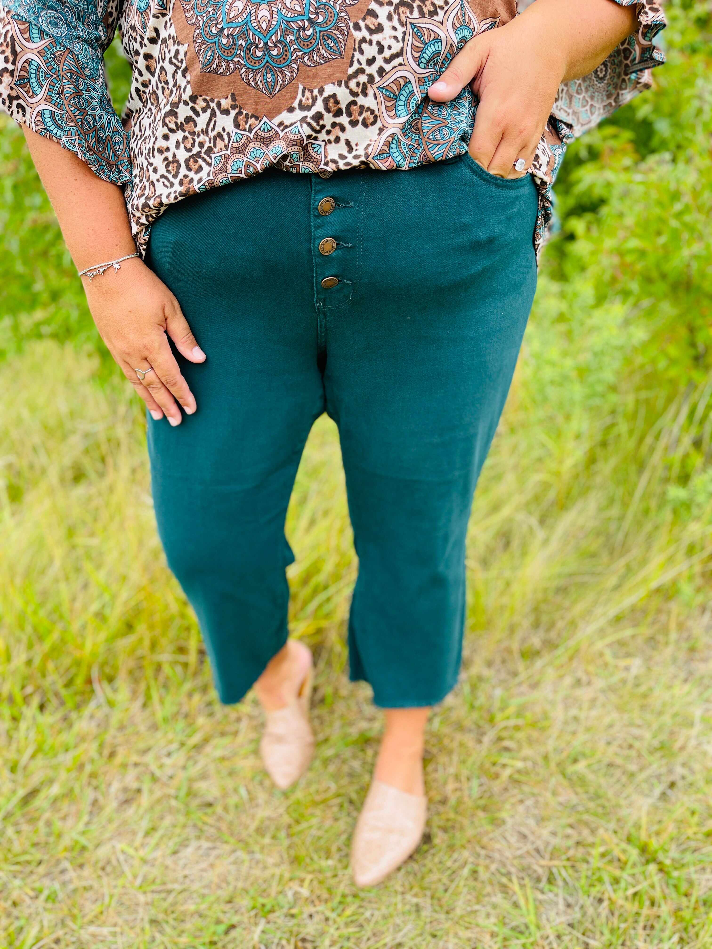 Plus/Reg Bright As A Button Fly Wide Leg Teal Jeans