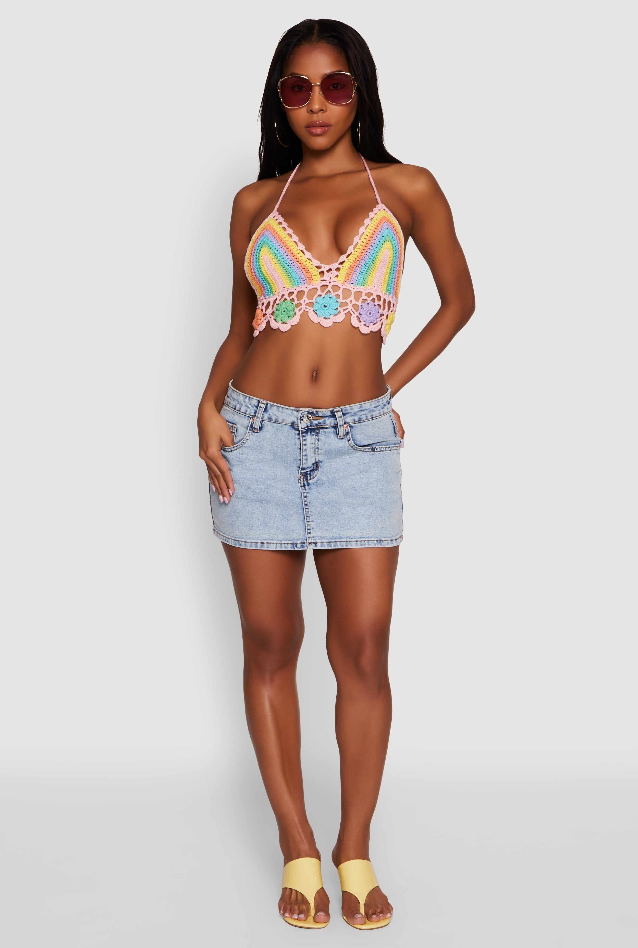 Trendy Crochet Floral Detail Cropped Halter Top