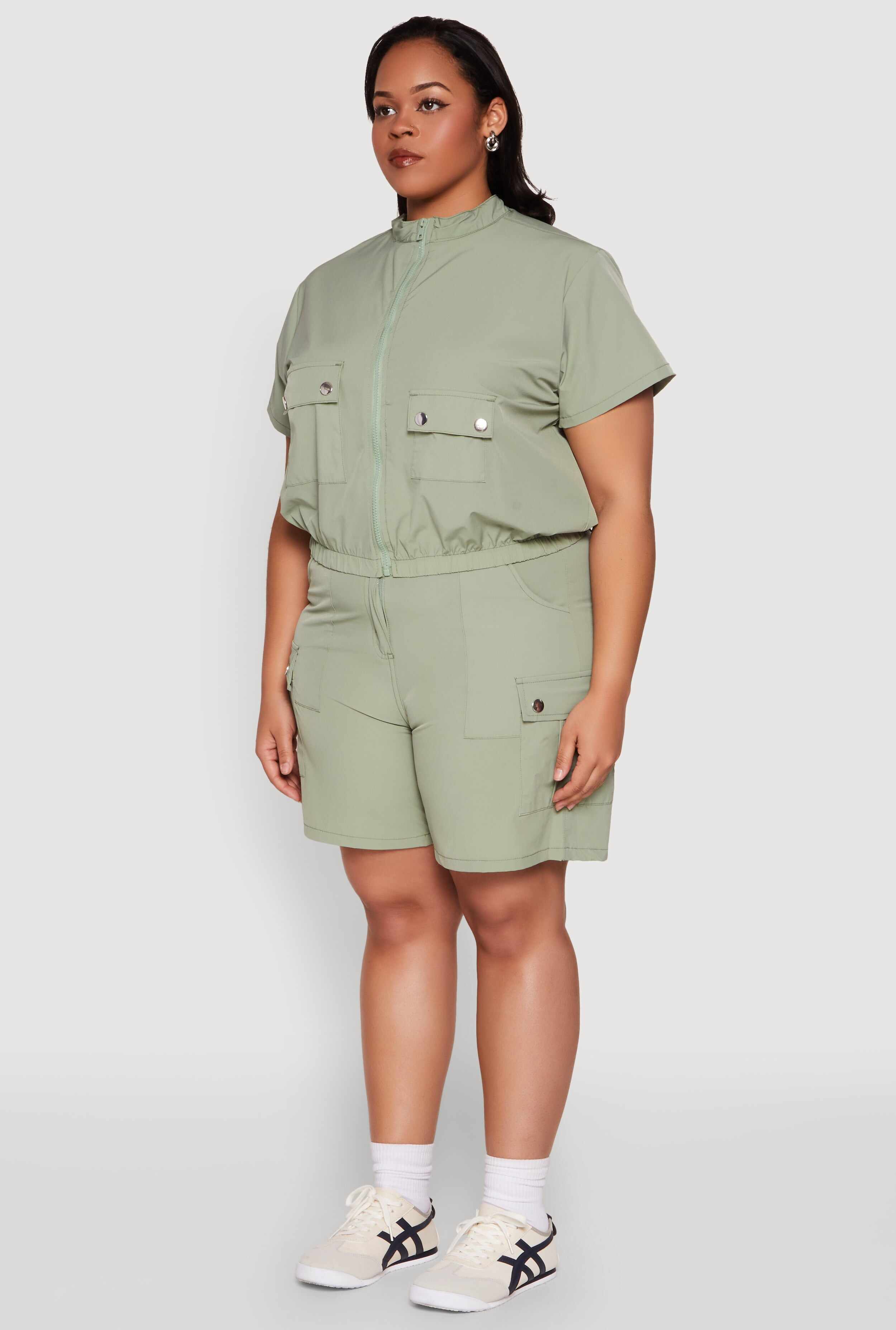 Plus Size Nylon Utility Zip Up Top