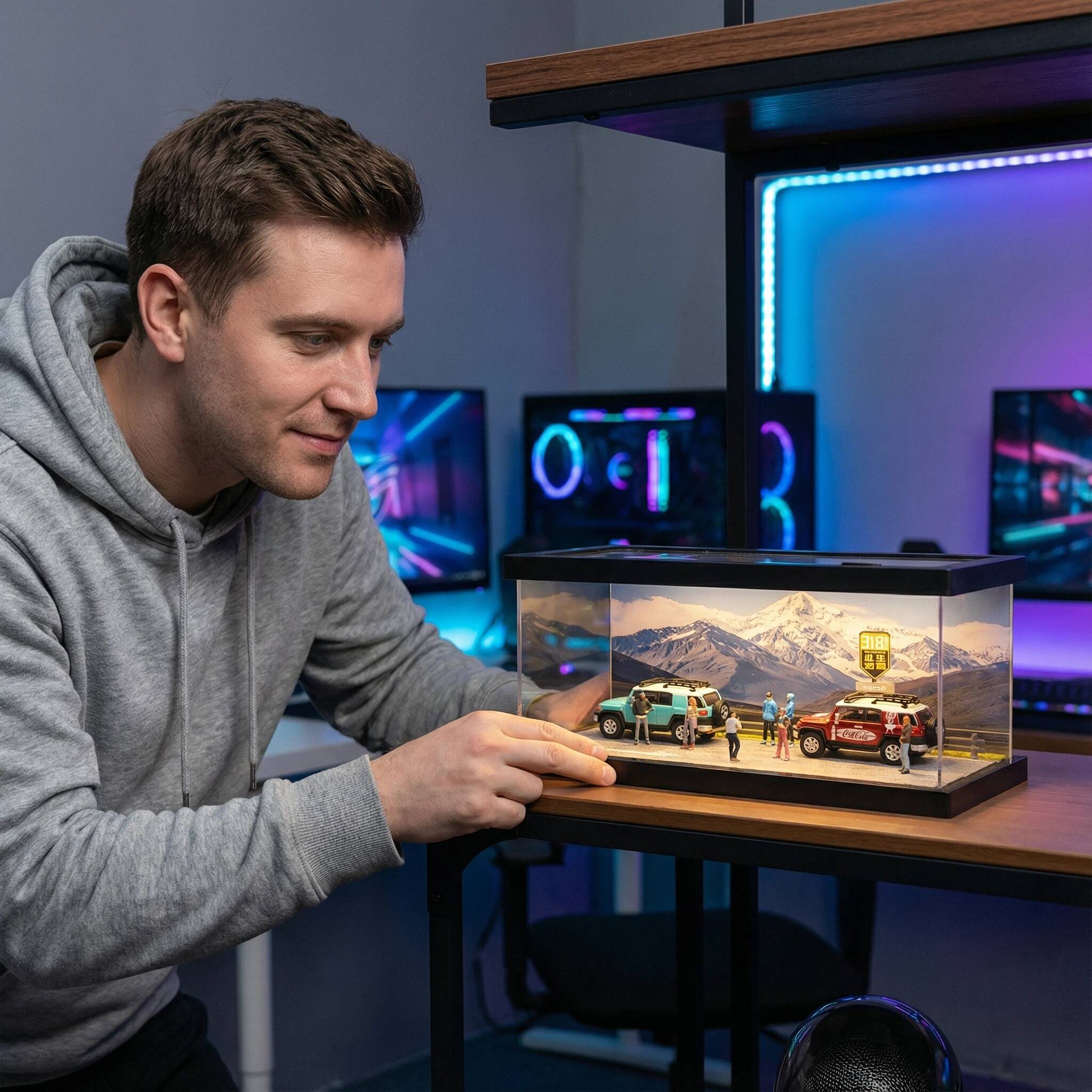 1:64 Scale Scenic Road Trip Diorama Display Case with LED Lighting – Immersive Landscape Scene for Diecast Cars