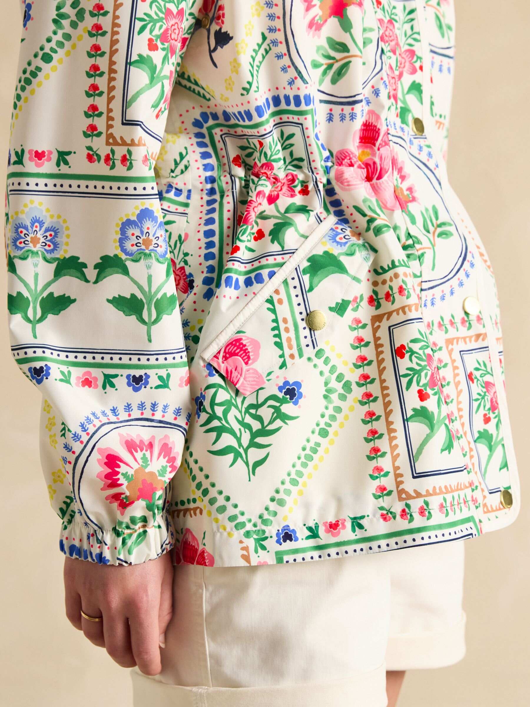 Holt Cream Tile Print Waterproof Packable Raincoat with Hood