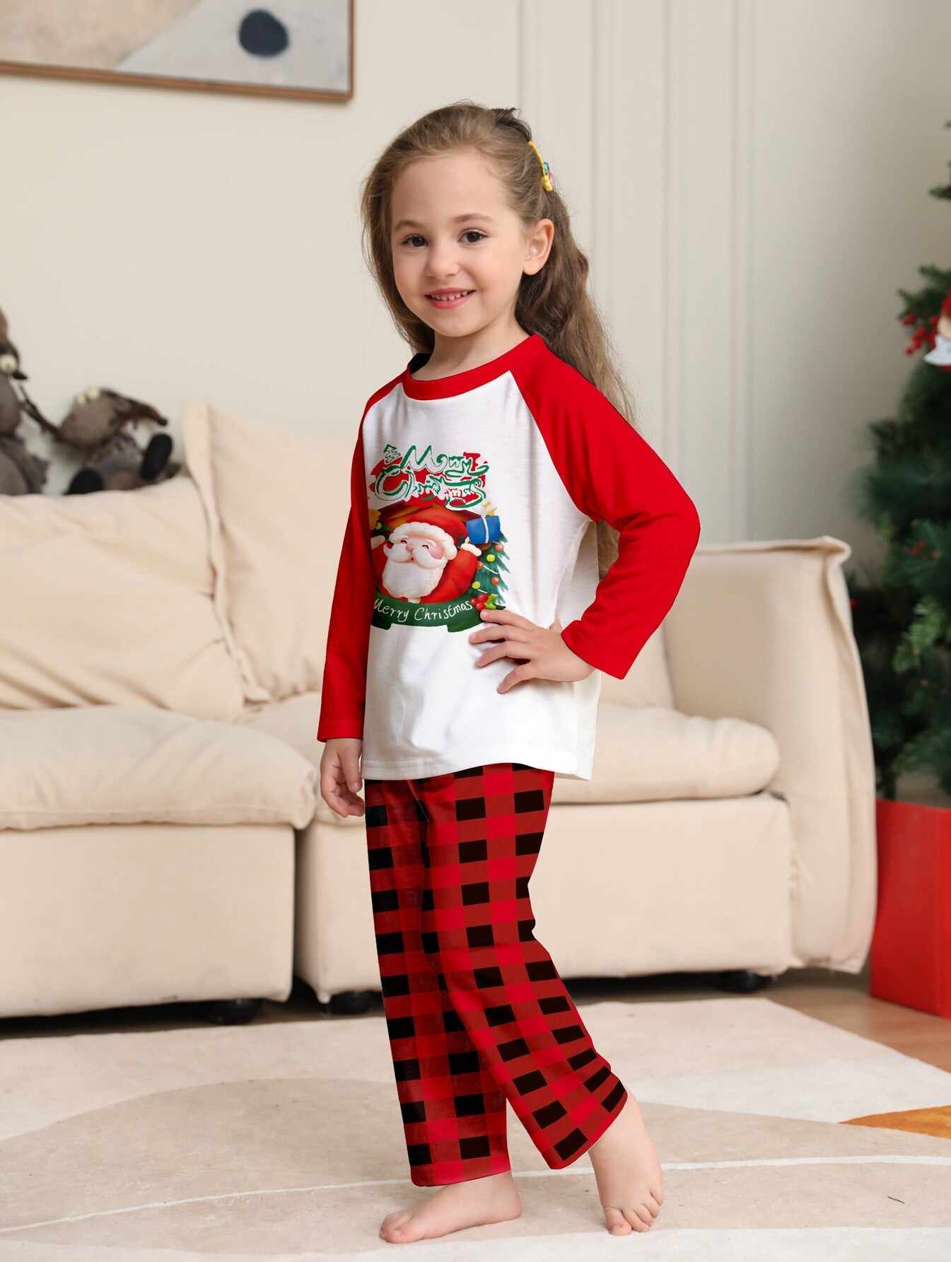 Santa Red Plaid Print Family Holiday Pajama Set