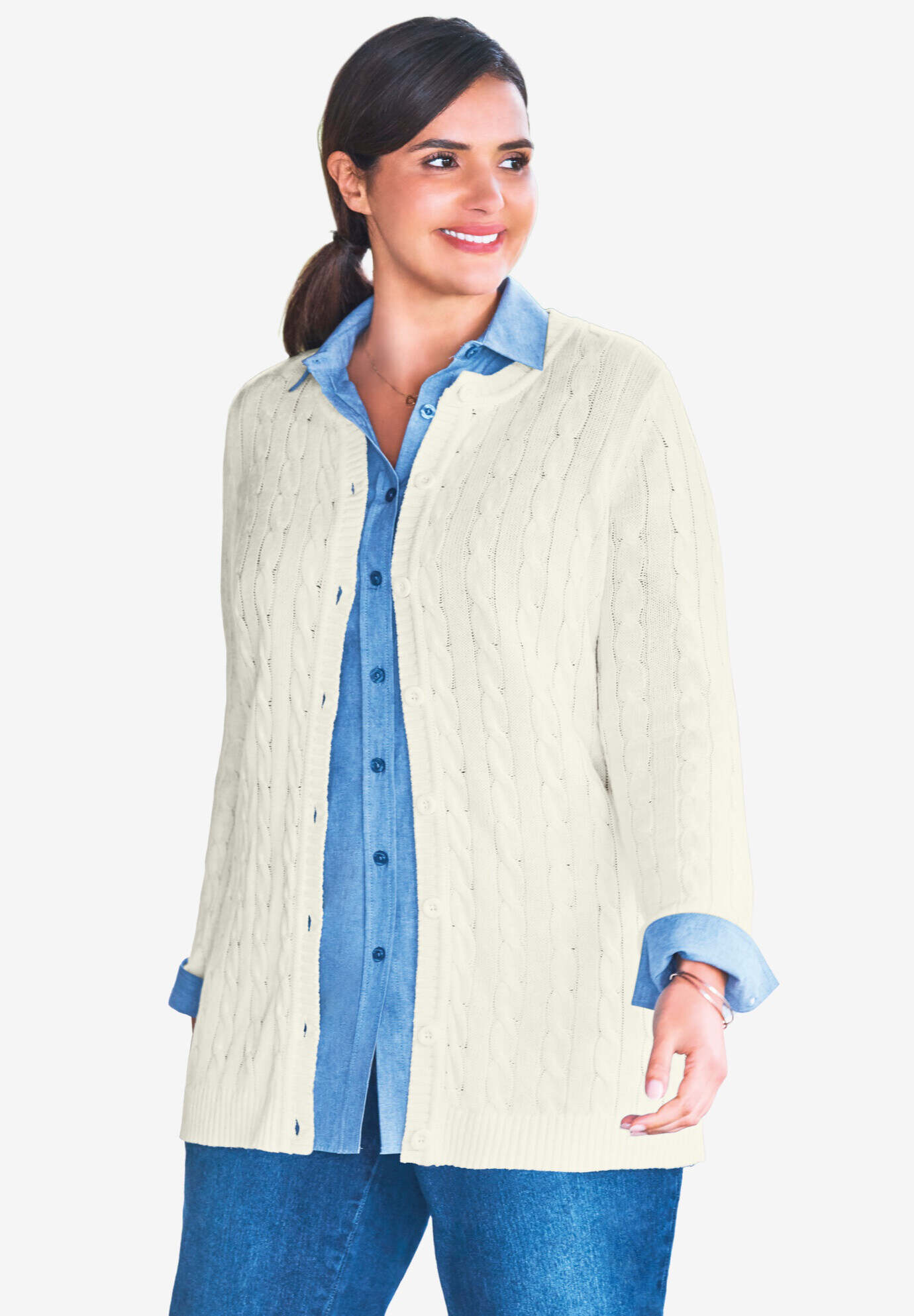 Cotton Cable Knit Cardigan Sweater