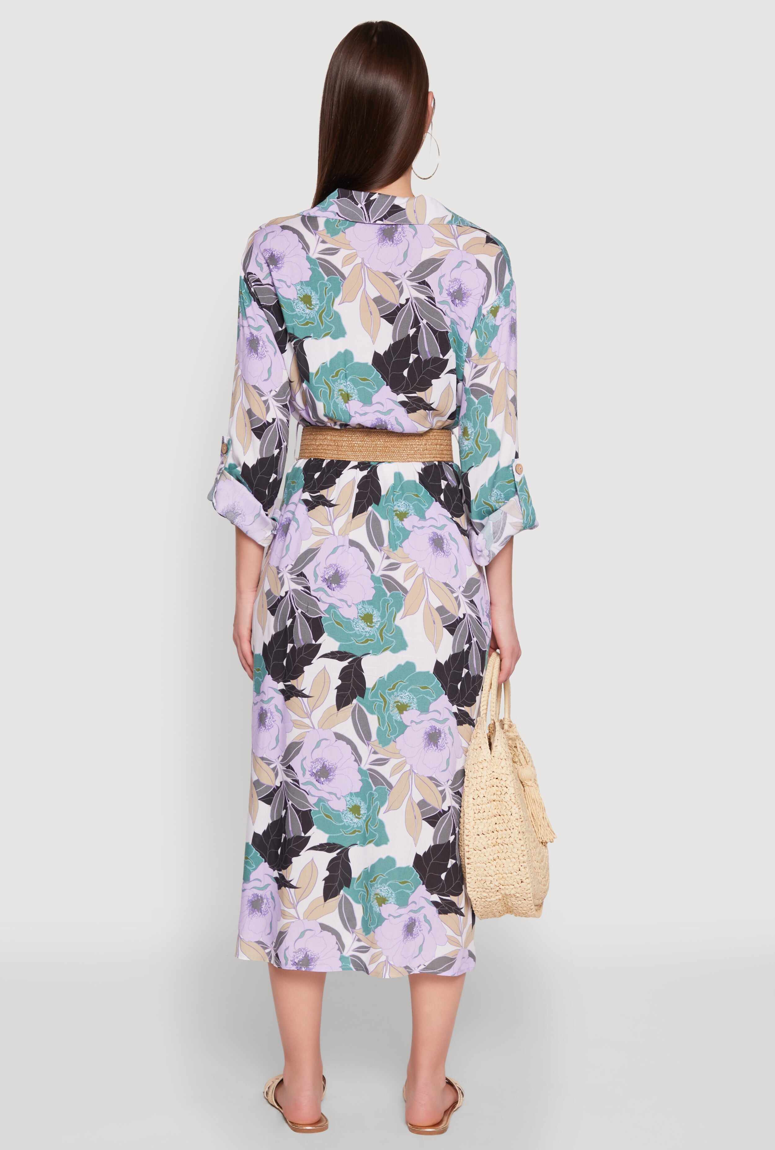 Floral Button Front Belted Shirt Dress