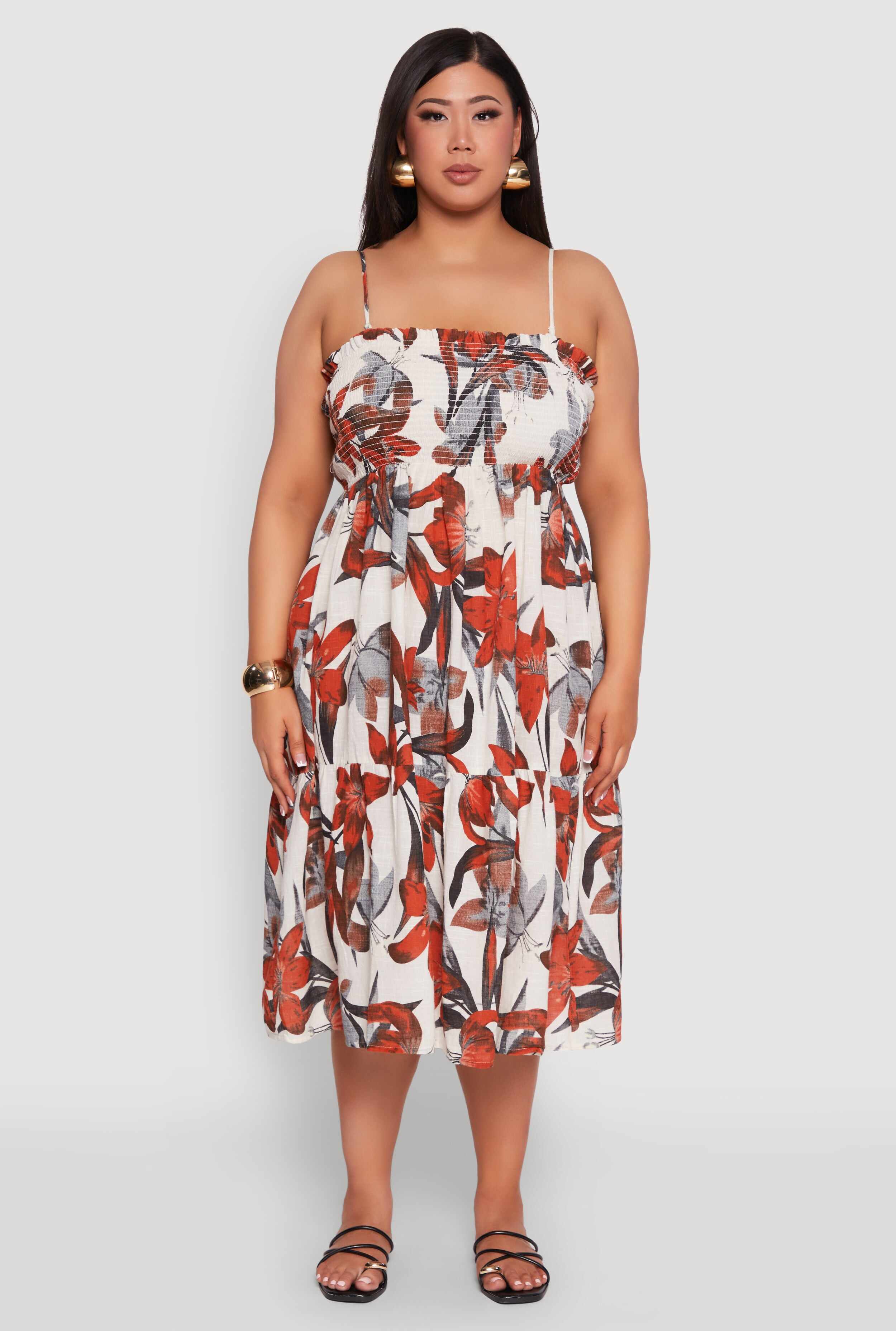 Plus Size Floral Print Smocked Tiered Midi Dress