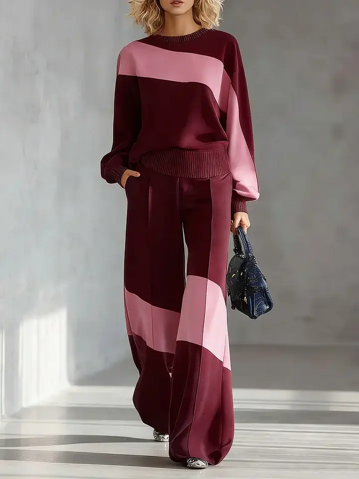 🔥Summer Arrivals🌟Women's Color-block Round Neck Long-sleeved Casual Loose Wide-leg Pants Knitted Set