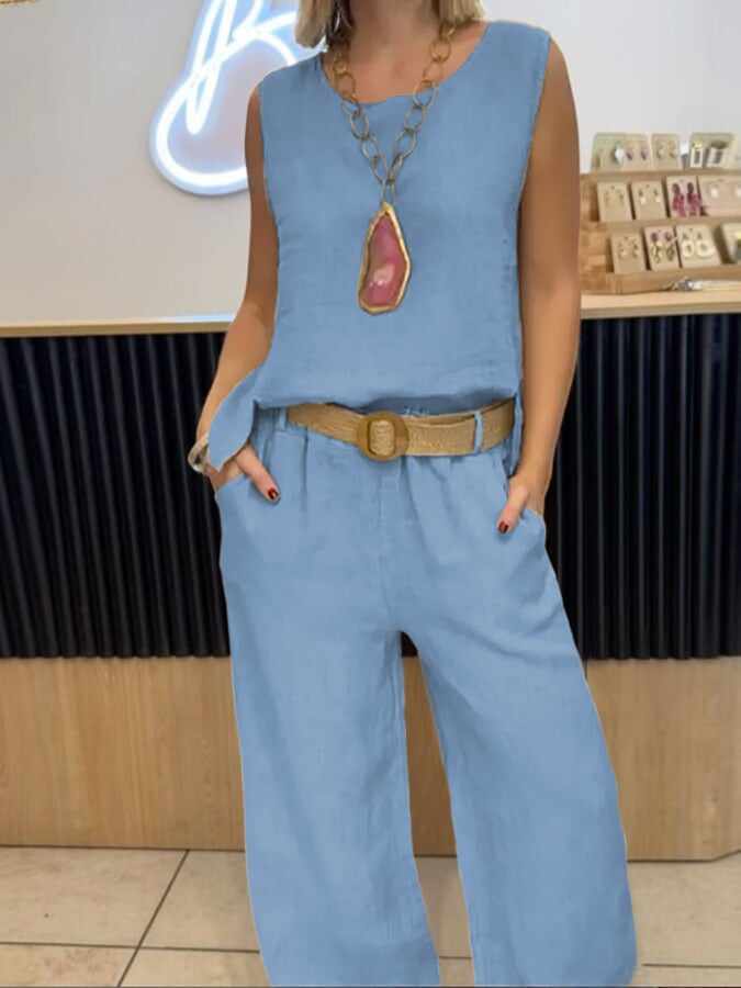 Women's Casual Solid Color Round Neck Vest Trousers Cotton and Linen Two-piece Set