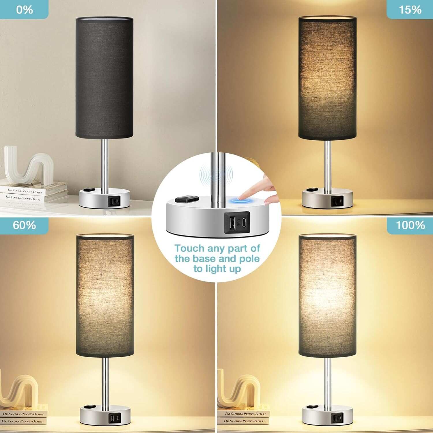 Bedside Table Lamp for Bedroom - 3 Way Dimmable Touch Lamp USB C Charging Ports and AC Outlet, Small Lamp Wood Base Round Flaxen Fabric Shade for Living Room, Desk, LED Bulb Included