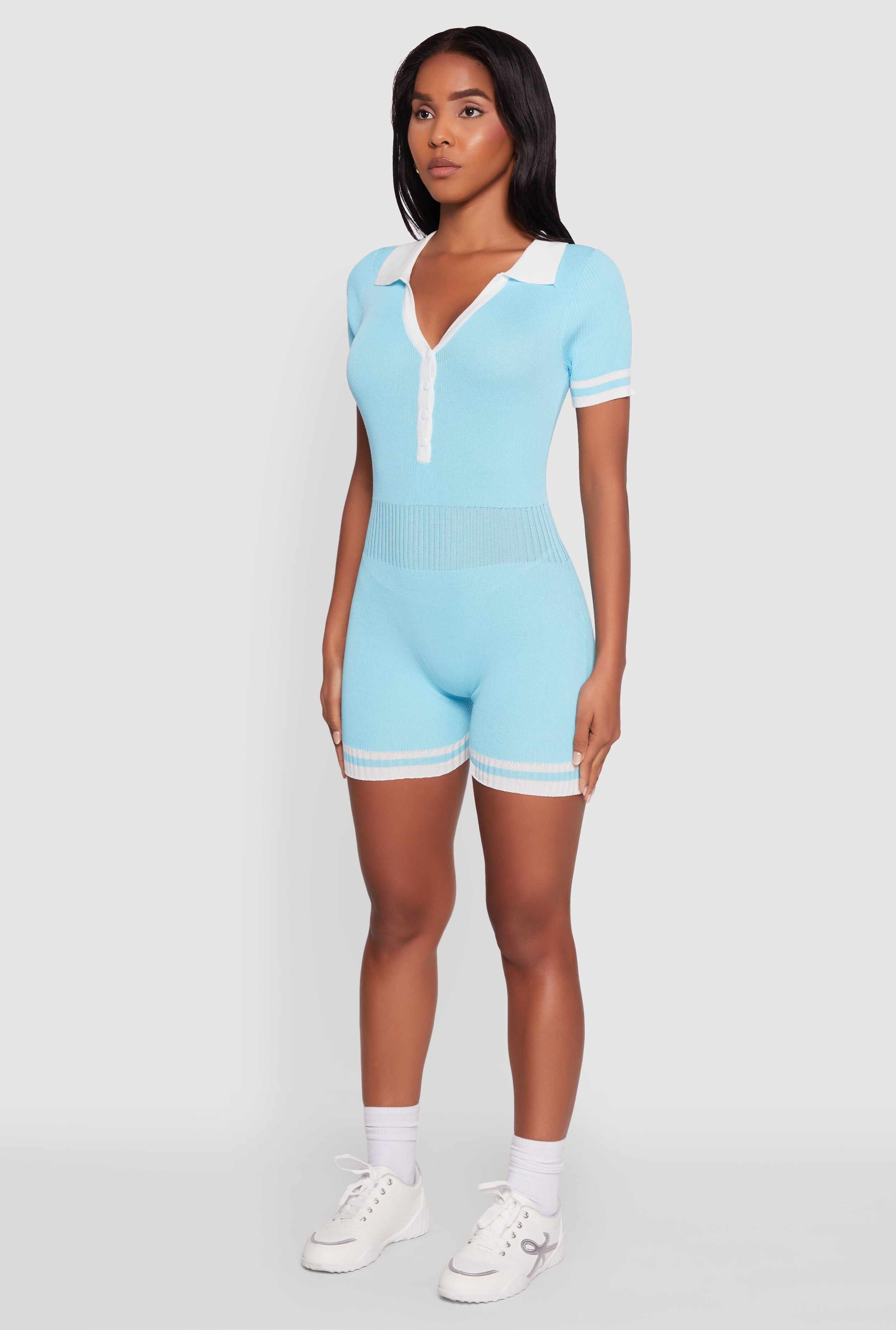 Daisy Ribbed Knit Varsity Stripe Button Front Romper