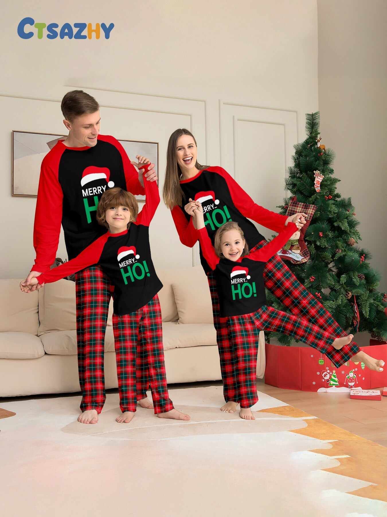 Santa Hat Monogrammed Family Holiday Plaid Pajama Set