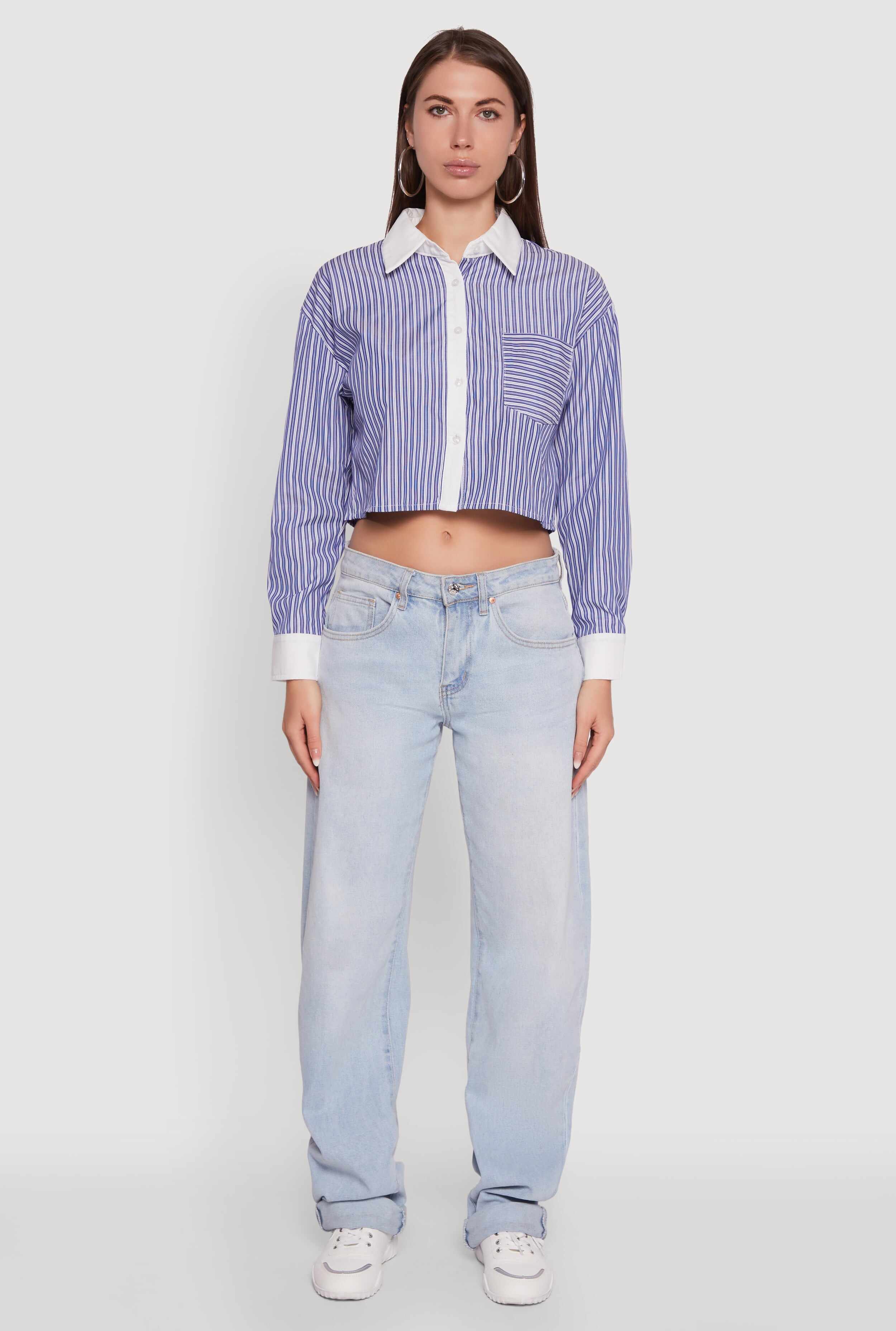 Haute Monde Poplin Button Front Striped Cropped Shirt