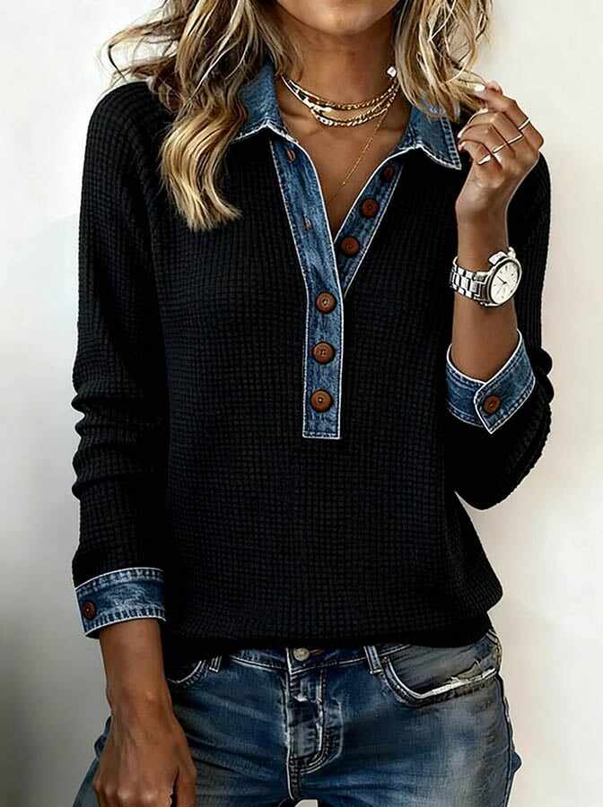 Cool Long Sleeve Denim Collar Button Front Top