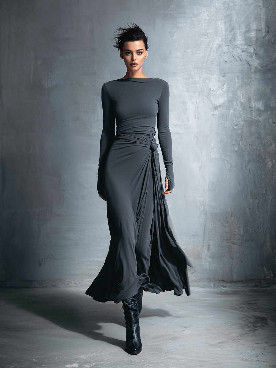 Women's Gray Exquisite Stretch Polyester-Cotton Blend Wrap Dress - Knotted Maxi Dress