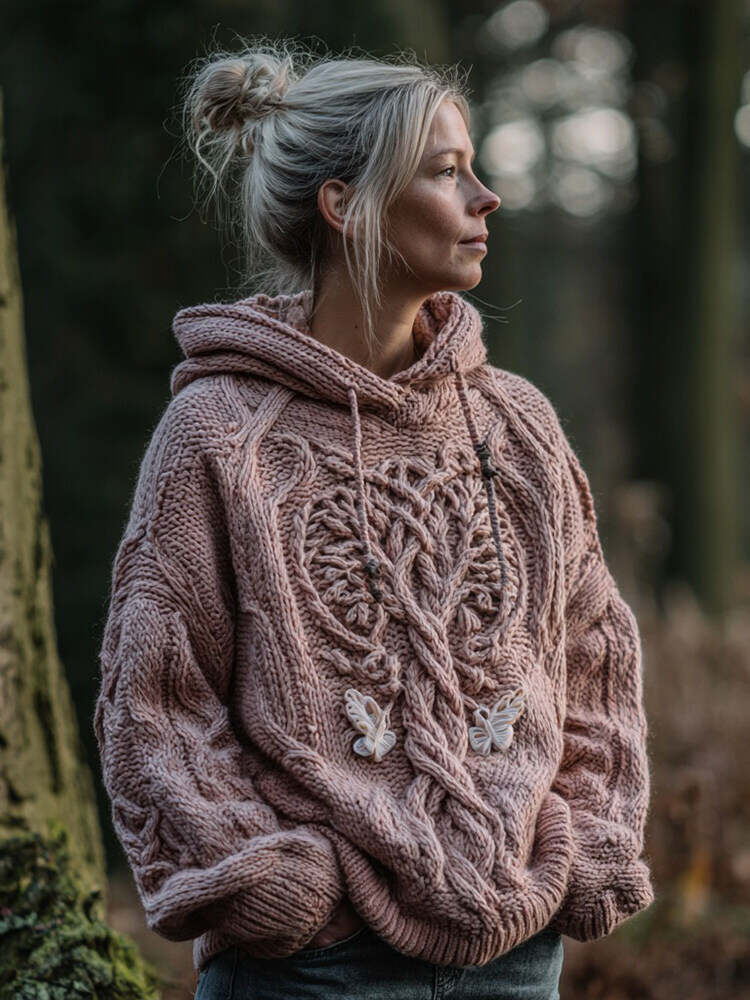 Women's Viking Tree Of Life And Butterfly Art Knit Hooded Sweater