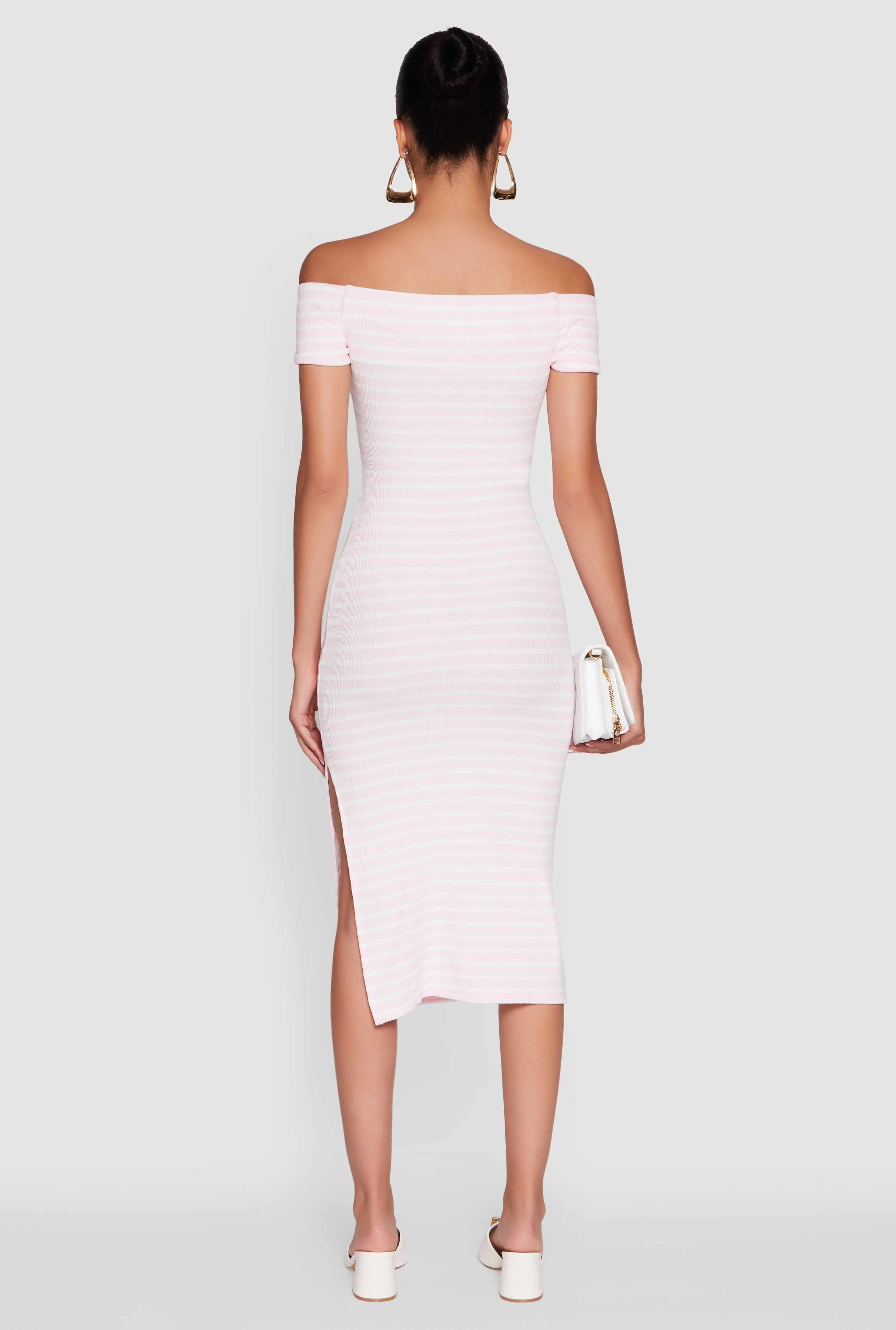 Ribbed Knit Side Slit Striped Midi Dress