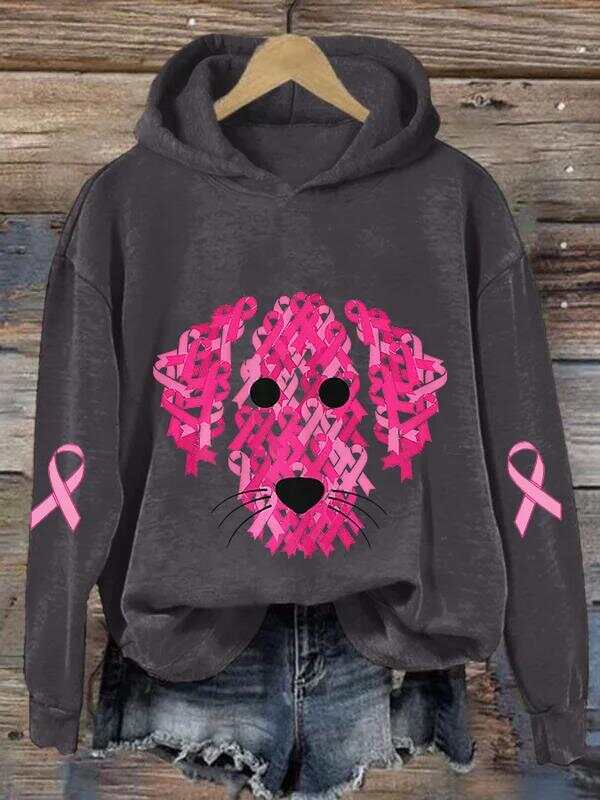 Women's Pink Ribbon Dog Breast Cancer Awareness Print Casual Sweatshirt