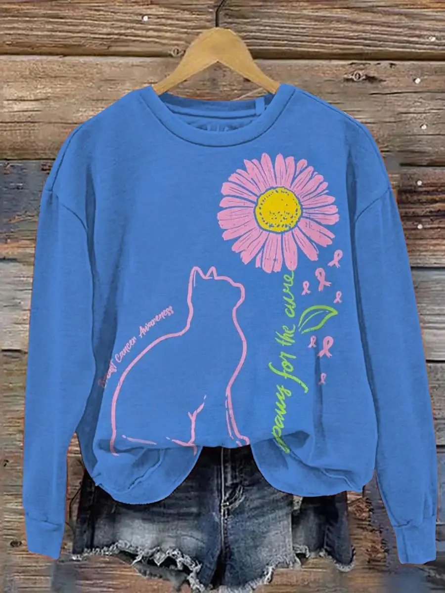 Women's Cat Sunflower Paws For The Cure Breast Cancer Awareness Print Pattern Casual Sweatshirt