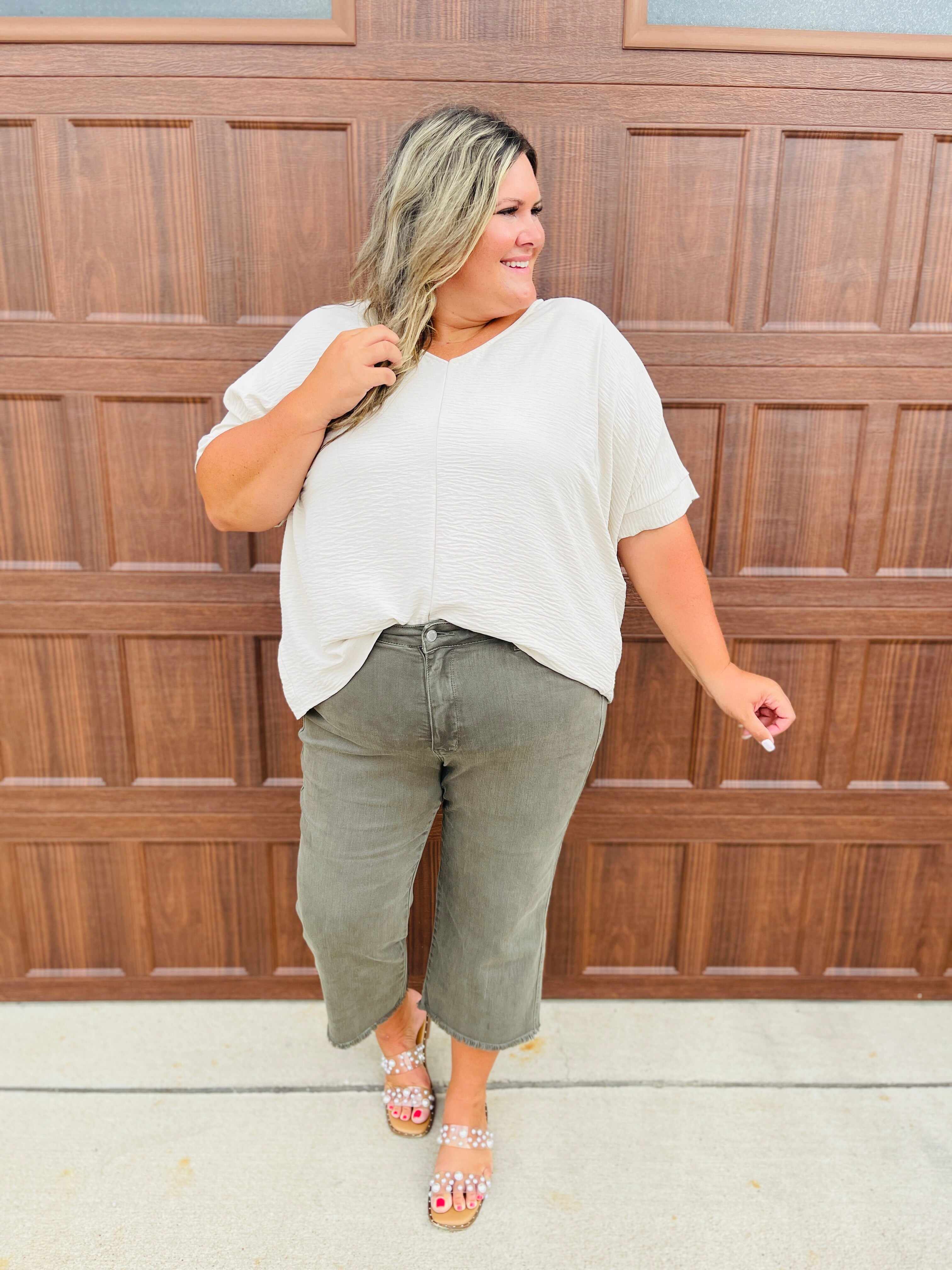REG/CURVY Olive You Tummy Control Garment Dyed Wide Leg Cropped Jeans