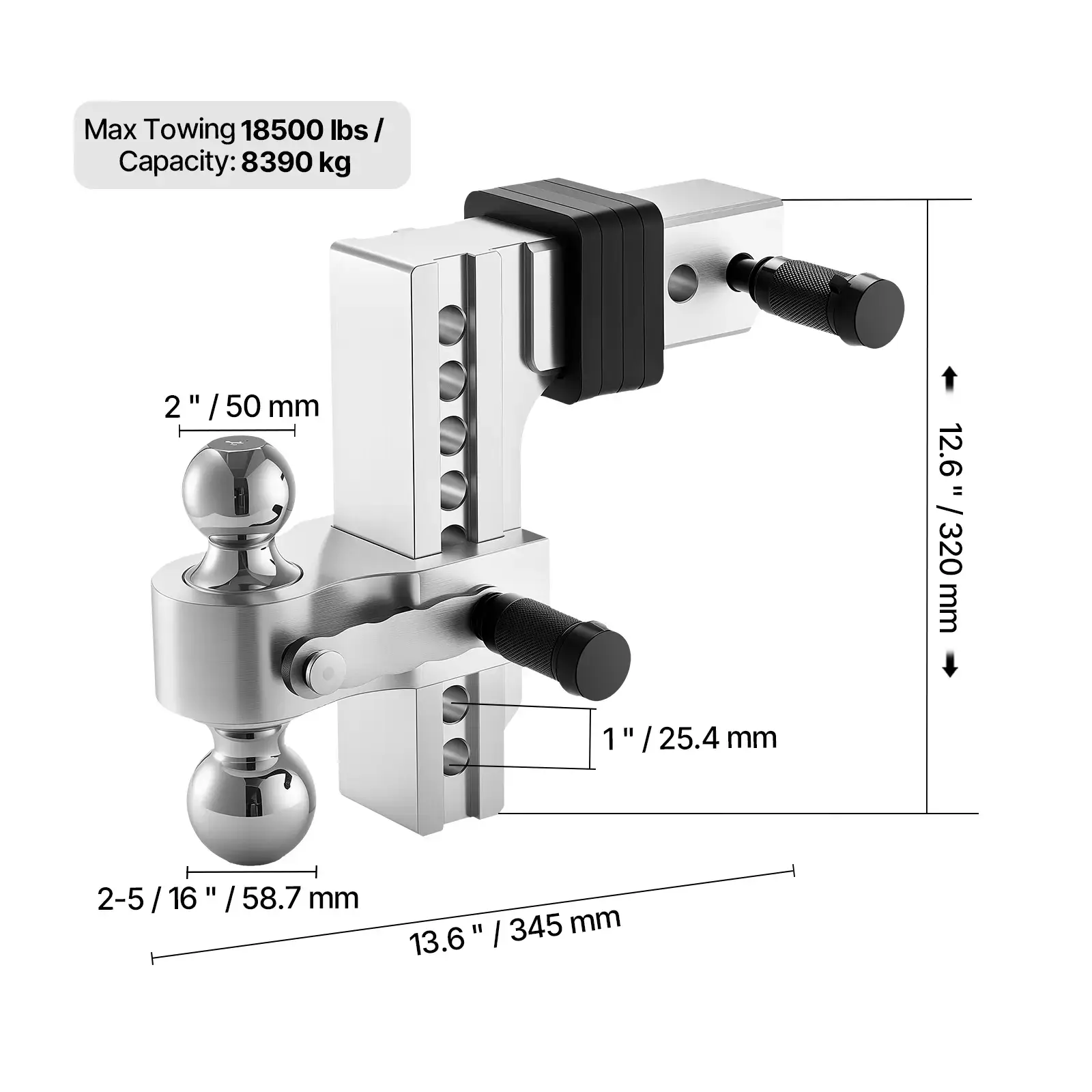 Adjustable Trailer Hitch,  8-Inch Drop Hitch, Tri-Ball Mount for 2.5-Inch Hitch Receiver, Trailer Ball Size 1-7/8