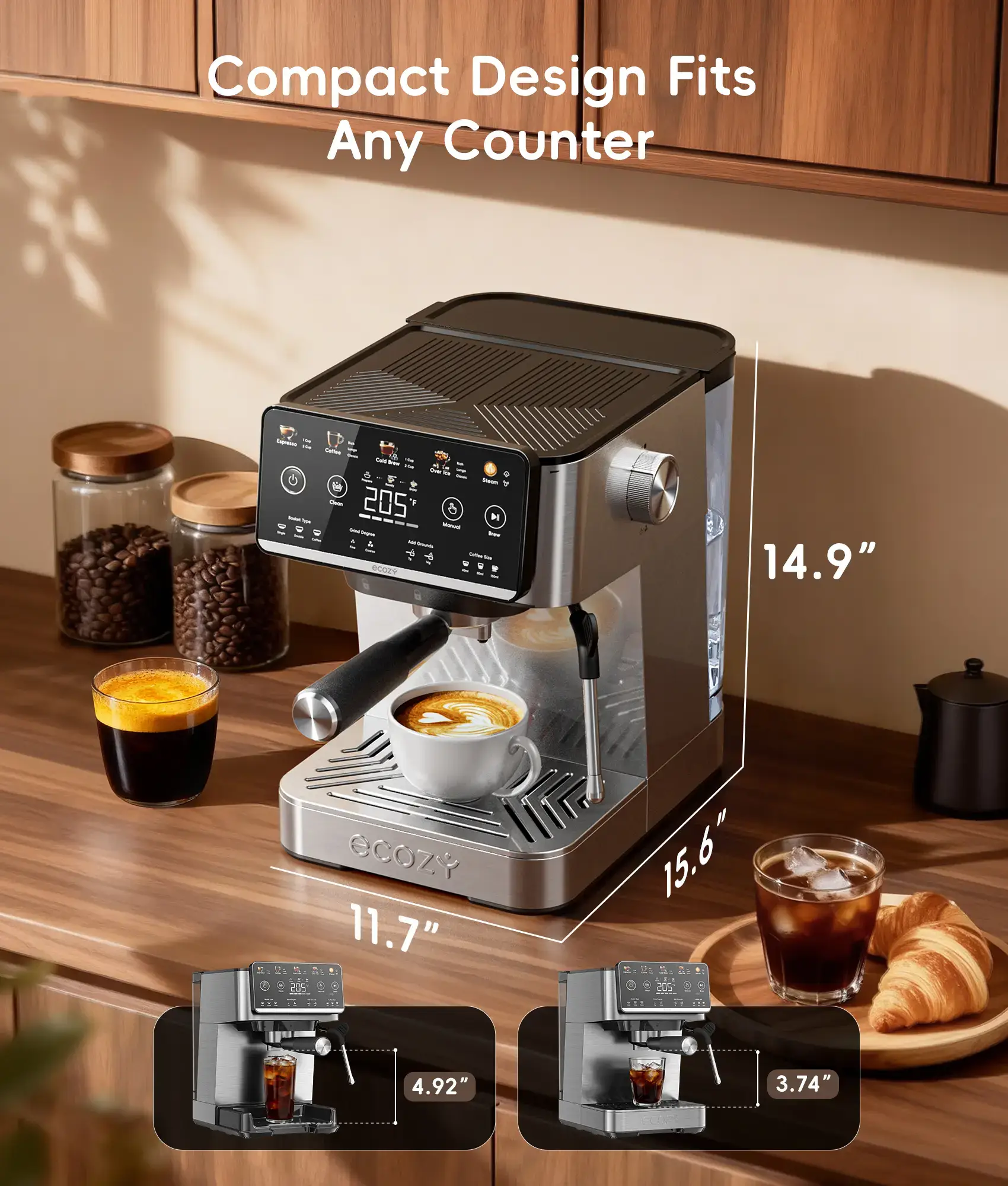 4-in-1 Espresso Machine  LED Touch Screen, 20 Bar Pump - Home Coffee Bar, Drip Coffee, Cold Brew and Over lce Machine, Intergrated Milk Frother, Stainless Steel, Brezzano Elite Series for Cappuccinos, Lattes, Americanos