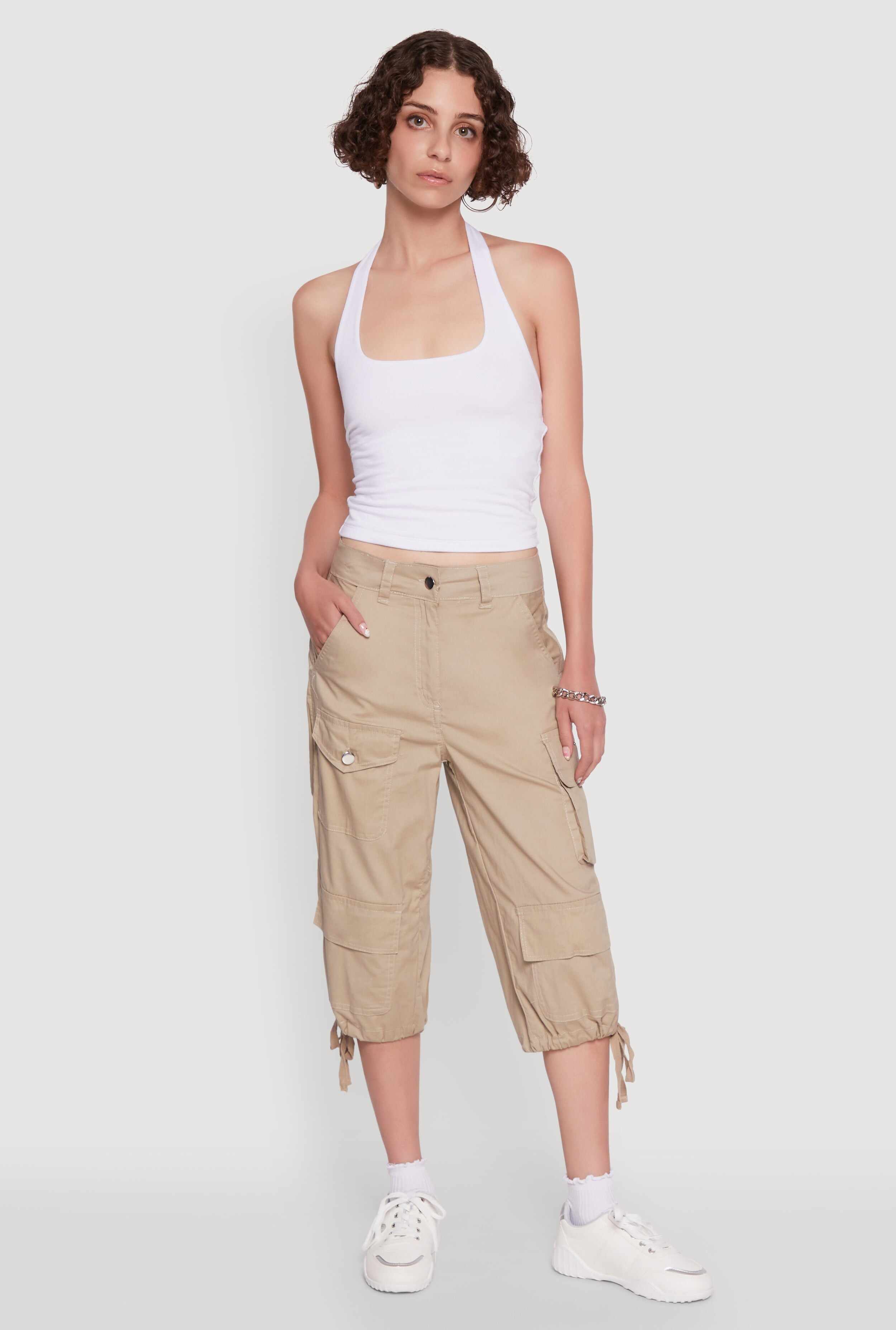 Trendy Cargo Pocket Drawstring Hem Capris Pants