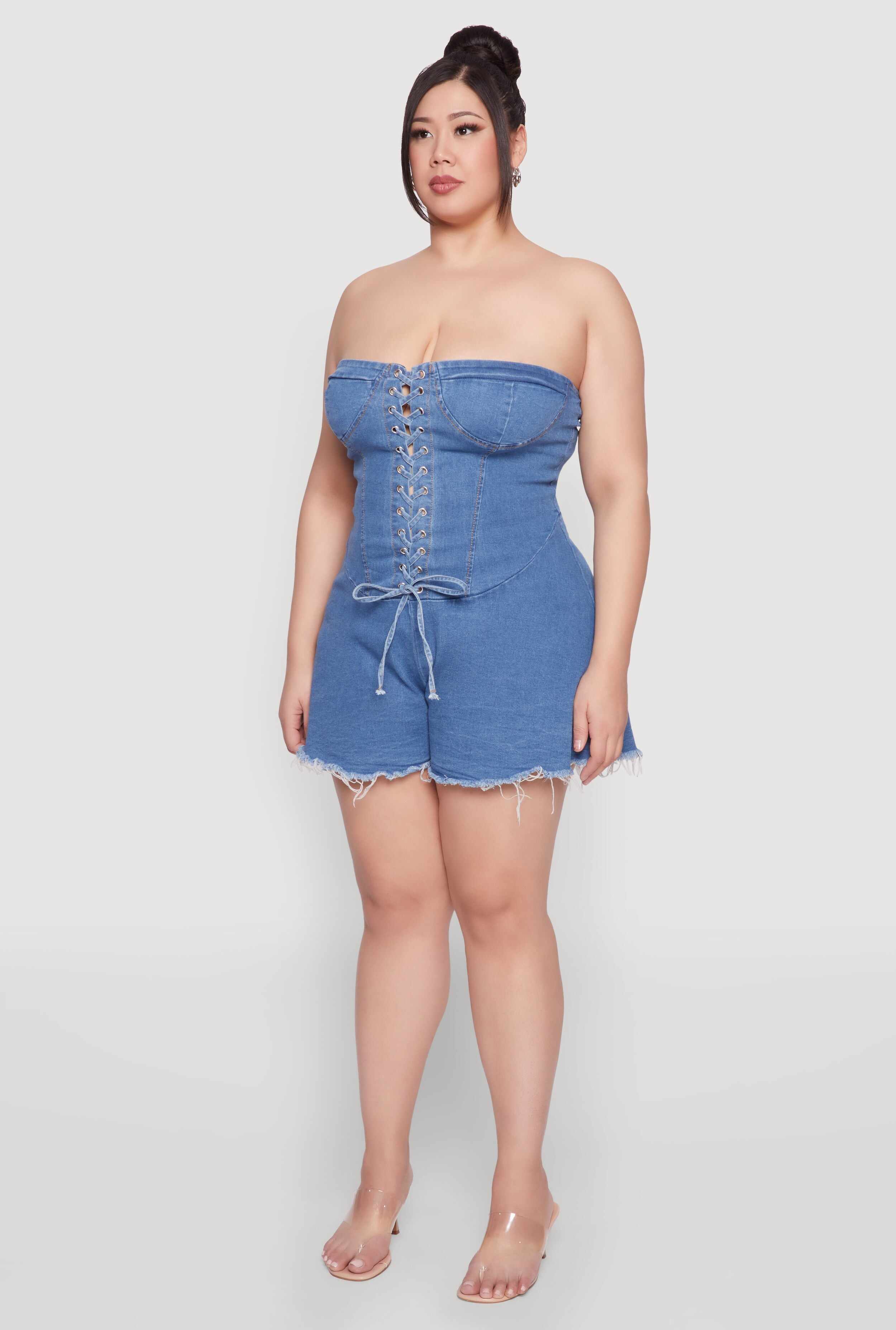 Plus Size Daisy Strapless Lace Up Denim Romper
