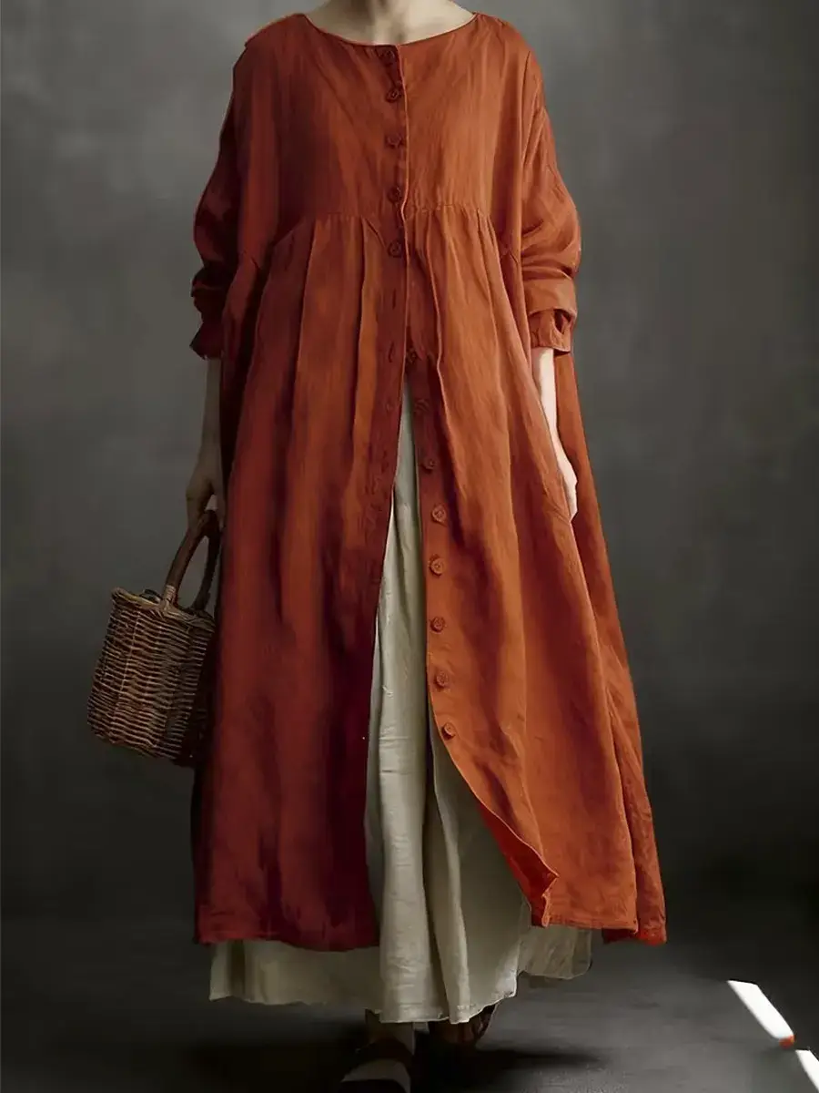 🔥Summer Arrivals🌟Women's Solid Color Art Casual Long Sleeve Cotton Linen Dress