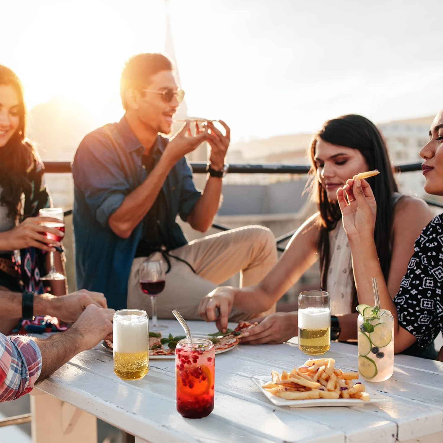 NETANY Drinking Cup with Glass Straw Set - 4-piece - 16 ounces (approx. 453.6 grams) tall ball glass cup, beer cup, iced coffee cup, cute glass cup, perfect for whisky, soda water, tea, water, gift, 2 brushes