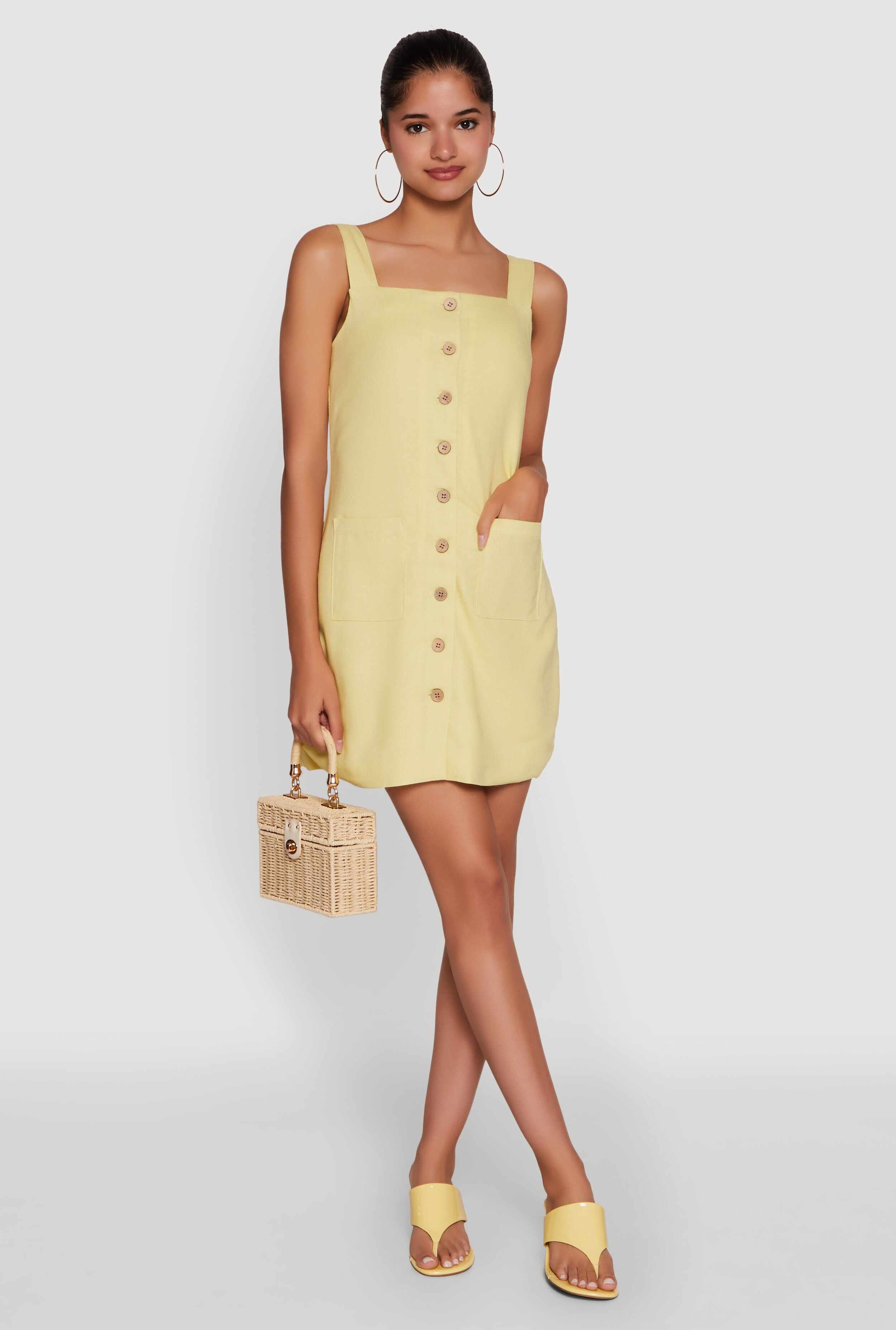 Trendy Linen Button Front Square Neck Dress