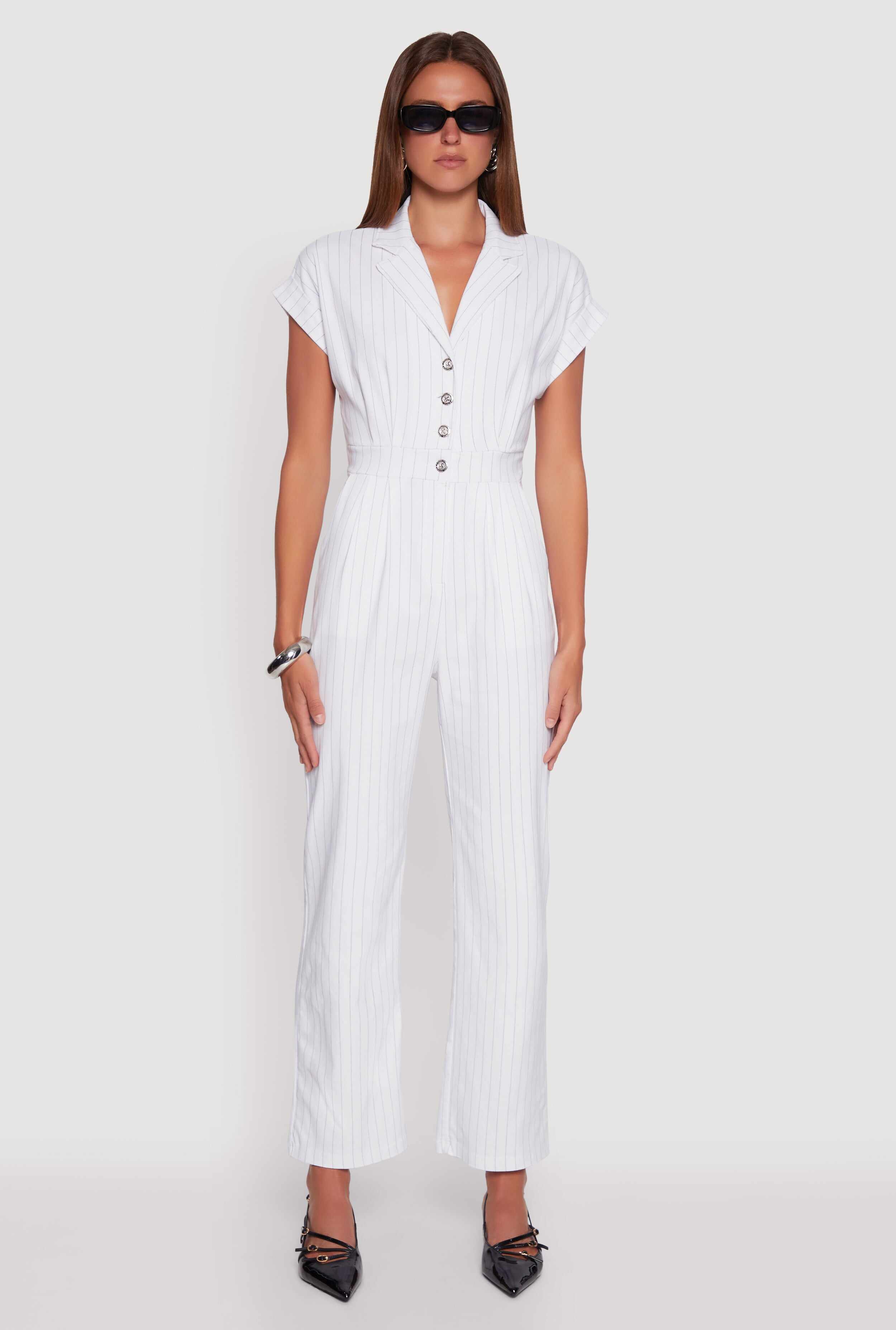 Trendy Pinstripe Button Front Pleated Jumpsuit