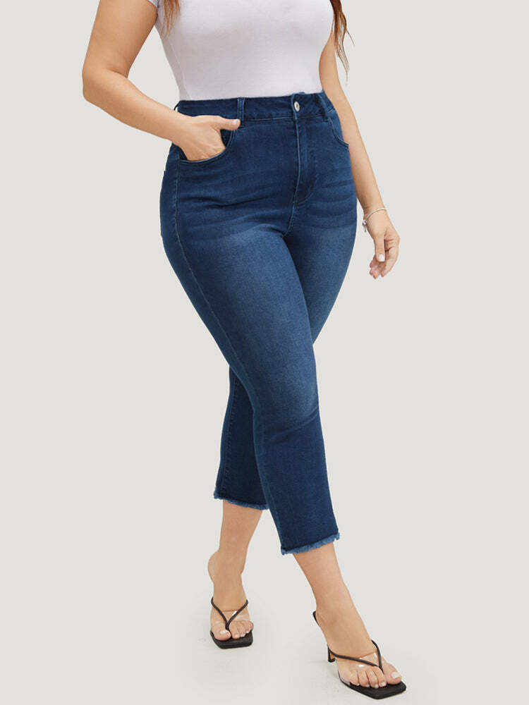 Very Stretchy High Rise Dark Wash Raw Hem Cropped Jeans