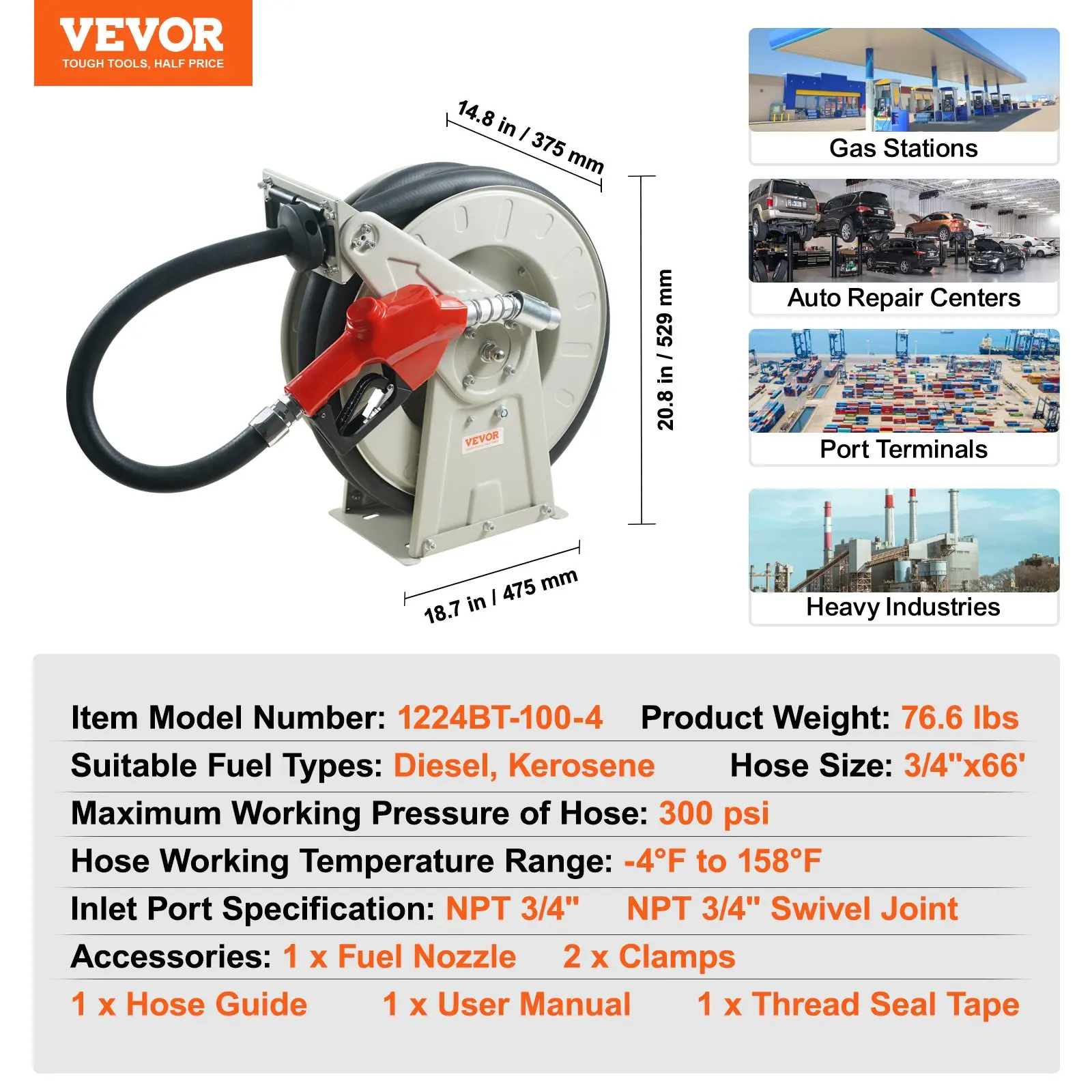 Fuel Hose Reel,Extra Long Retractable Diesel Hose Reel, Heavy-Duty Carbon Steel Construction with Automatic Fuel Nozzle, NBR Rubber Hose for Aircraft Ship Vehicle Tank Truck, 300PSI