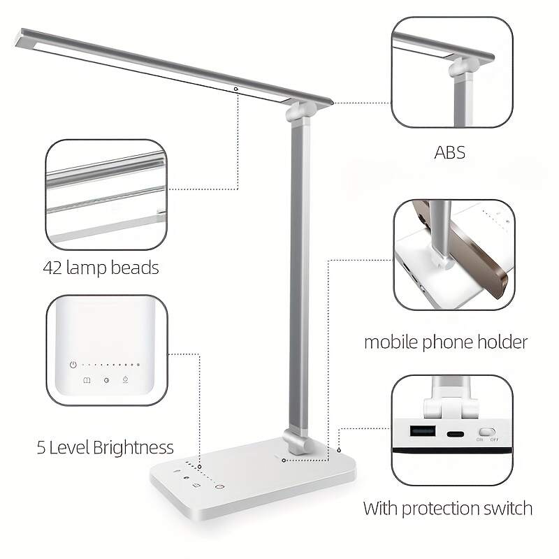 Adjustable LED Desk Lamp with Touch Control, 5 Lighting Modes & Brightness Levels, 45-Minute Auto Timer, USB Powered, Eye-Caring Dimmable Table Lamp for Home, Office, and Reading - White/Black