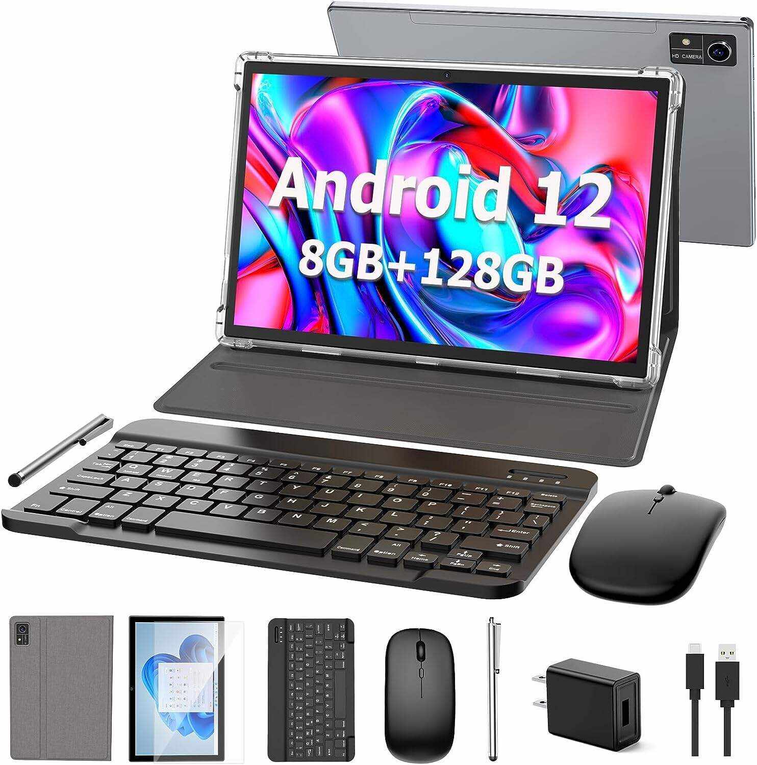 Android Tablet 10 inch, Android 12 Tablet, 8GB RAM 128GB ROM,1TB Expand, 5G WiFi, 4G/LTE, Bluetooth, 8000mAh Battery, Google Certified, 2 in 1 Tablet with Keyboard, Mouse, Case, Stylus(Silver)
